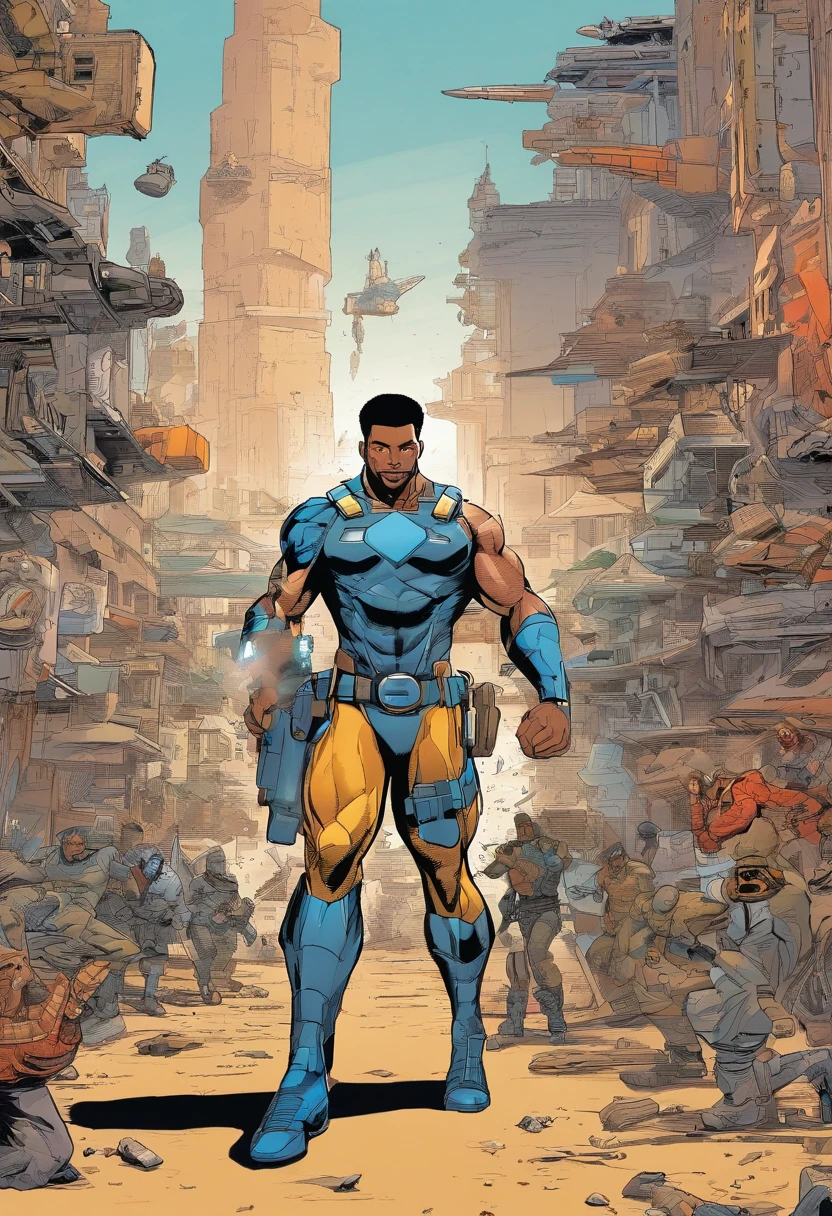 Create a Brazilian mulatto superhero with normal black hair, usar barba, 35 anos, mulato, olhos vermelhos estreitos, Futuro uniforme preto tech contendo detalhes de textura de fibra de carbono e linhas douradas na armadura do terno, use a letra dourada e quadrada " s" like a belt buckle equipped with gadgets and hero weapons, Ele tem 1,90 metros de altura, pesa 100kg e tem um visual preto escuro, Electrical rays come out of your hands, pose de luta enquanto voa, with a futuristic technological weapon on his back and in a scene of destruction with destroyed buildings and people running in the background in desperation, Show that he's full body flying in fight scene, Spaceships fill the skies in the background, Ships ready to attack the hero, Many armed enemy soldiers approach on the horizon to surround the hero, use estilo HQ, Cartoon, criar modelo estilo Marvel e Dc Comics, desenho, 8K分辨率, a lot of whimsy in the fingers of the hands and eliminate deformities in the body in the final result,