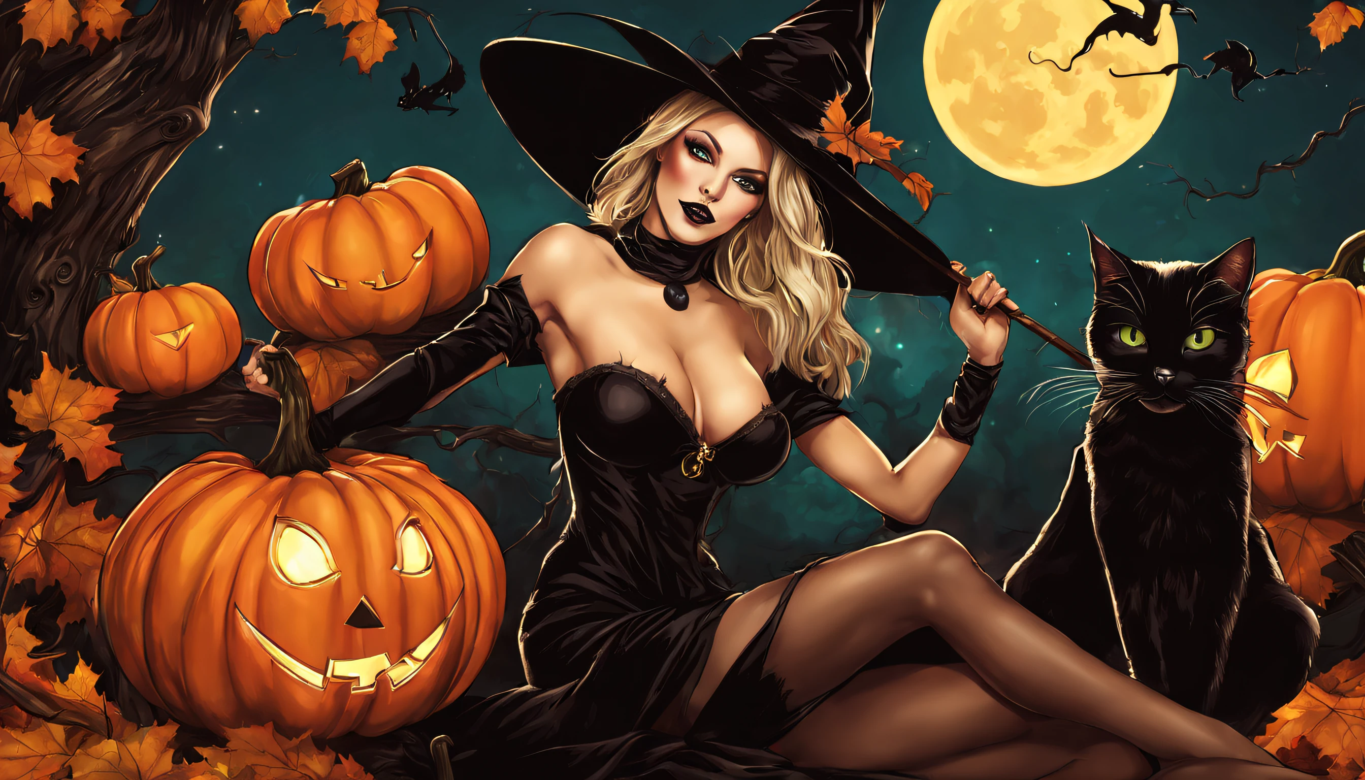 A very sexy Halloween image with a beautiful witch on a broom, a beautiful black cat, and some pumpkins.