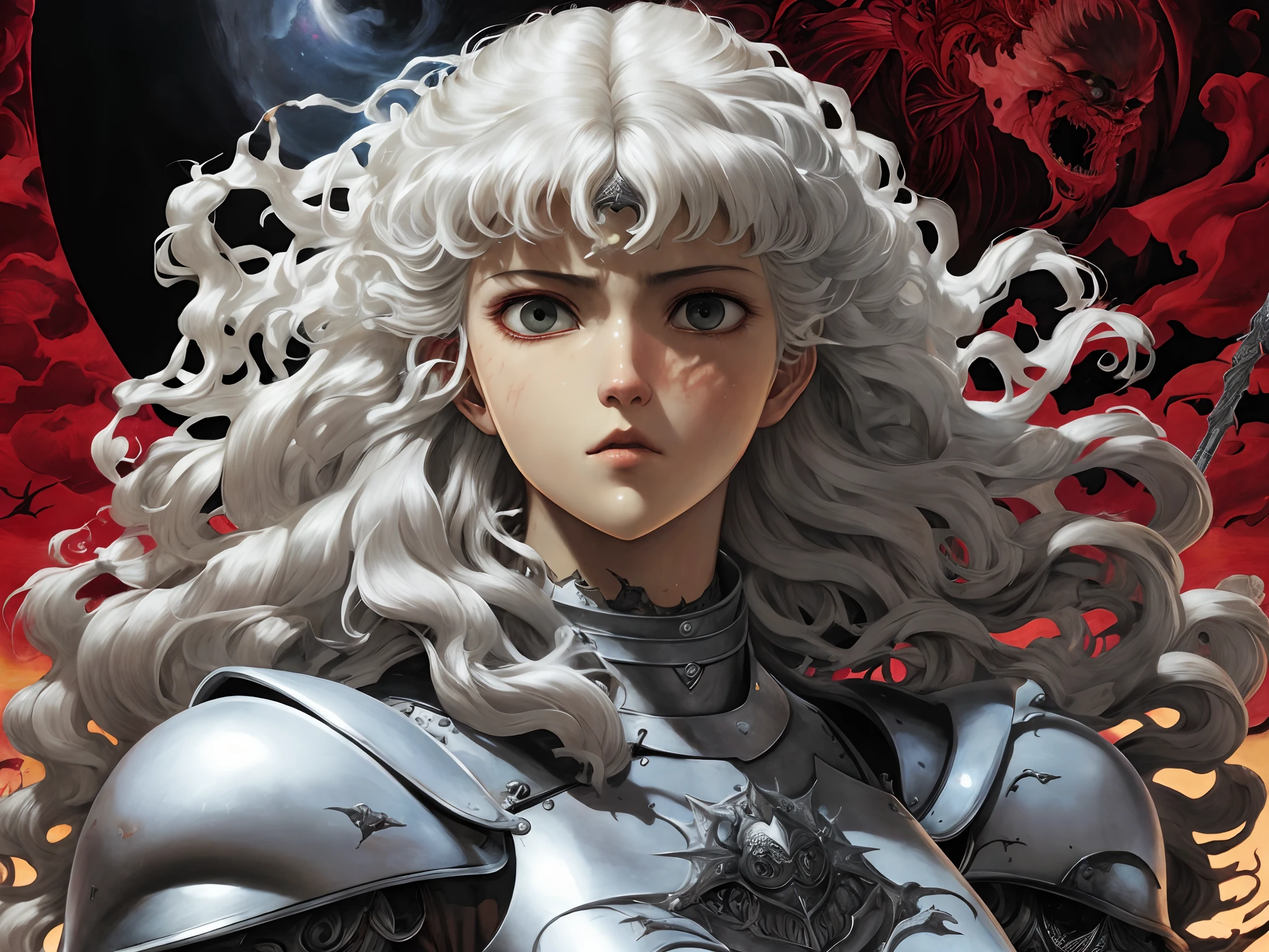 um close up de uma mulher com uma espada e armadura, Griffith, Berserk, Griffith, Yoshitaka Amano Fotorrealista, Estilo de arte Berserk, de Furioso, portrait knights of zodiac girl, Estilo Berserk, Furious manga, Furioso, Bastien Yoshitaka Amano, yoshitakka amano Karol Bak