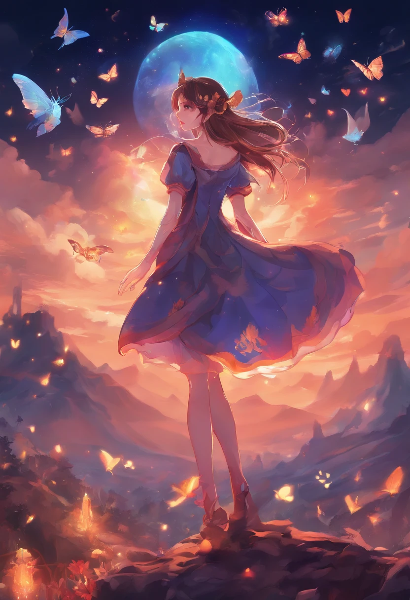 high quality, 8K Ultra HD, colorful tone, full body, stary night red black beautiful magical woman, magic hat, splash arts, aesthetic for Tshirt design, butterflies flying in the background, soft tetrad color, A digital illustration of anime style, digital anime paintings of her, soft anime tones, Feels like Japanese anime, two-dimensional, planar vector, character design, vector art, fantasy art, T-shirt design, Background with light brown gradient, soft tetrad color, by yukisakura, highly detailed,