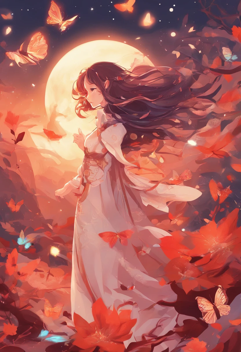 high quality, 8K Ultra HD, colorful tone, full body, stary night red black beautiful magical woman, magic hat, splash arts, aesthetic for Tshirt design, butterflies flying in the background, soft tetrad color, A digital illustration of anime style, digital anime paintings of her, soft anime tones, Feels like Japanese anime, two-dimensional, planar vector, character design, vector art, fantasy art, T-shirt design, Background with light brown gradient, soft tetrad color, by yukisakura, highly detailed,