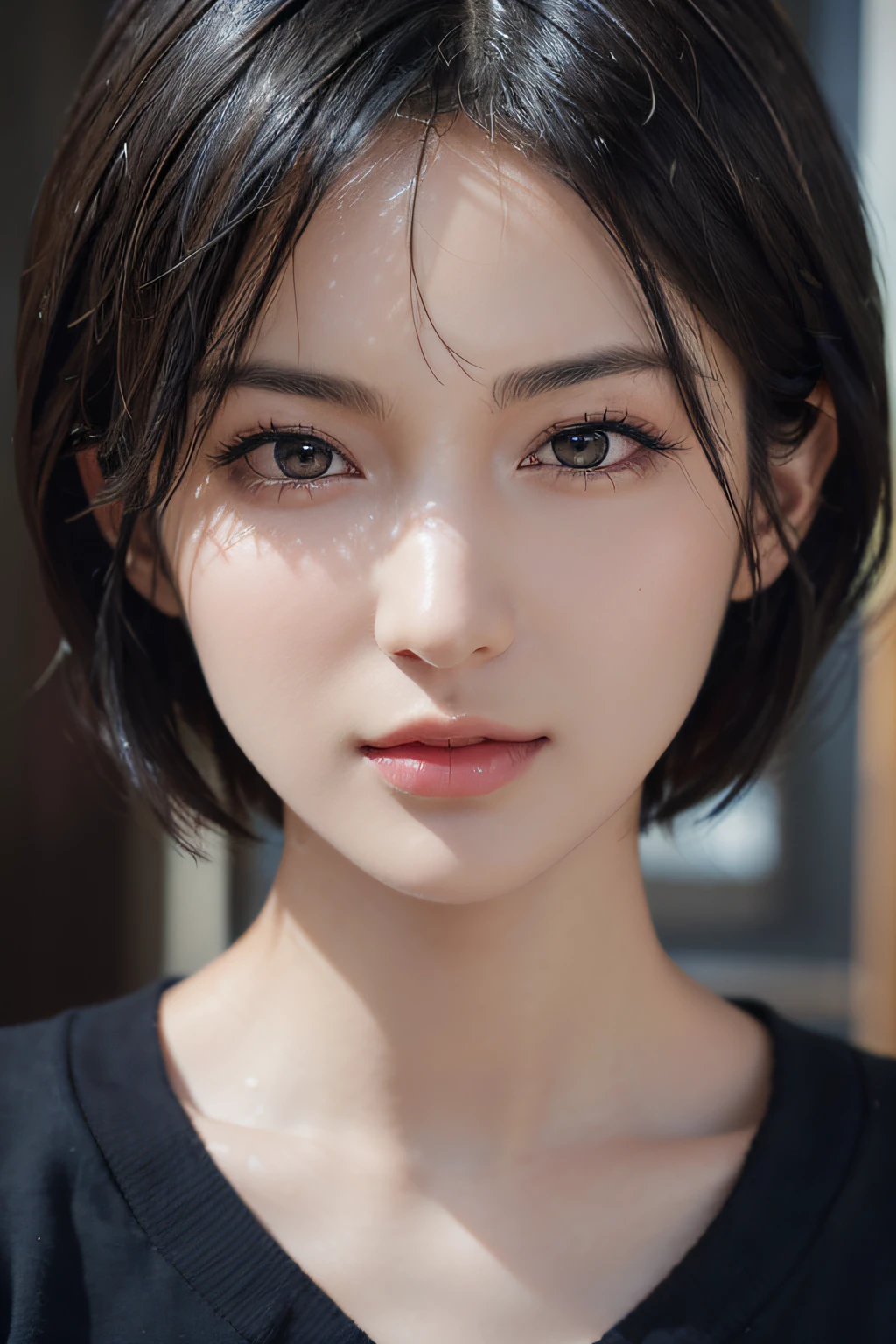 (masterpiece:1.3), (8k, photorealistic, RAW photo, best quality: 1.4), (1girl), beautiful face, (realistic face), (black hair, short hair:1.3), beautiful hairstyle, realistic eyes, beautiful detailed eyes, (realistic skin), beautiful skin, (sweater), absurdres, attractive, ultra high res, ultra realistic, highly detailed, golden ratio