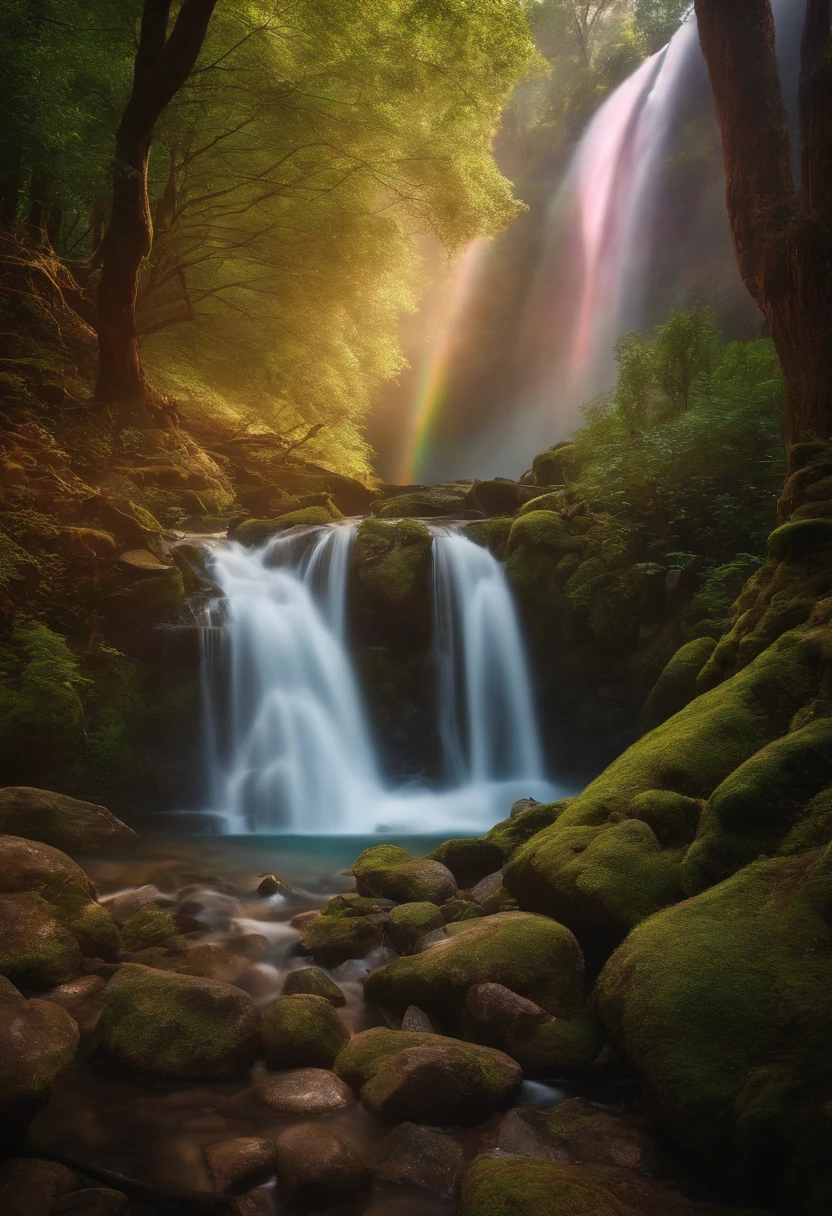 Waterfall with iridescent light in the middle, magical colors and atmosphere, Magic Tree, magical colors and atmosphere, magical forest backround, Cascading iridescent waterfalls, ethereal rainbows, magical forest, Fantasy Tree, mystical colors, magical fantasy forest, enchanted magical fantasy forest, fantasy forest, magic fairy forest, Psychedelic Forest, The Swirling Magic of Nature