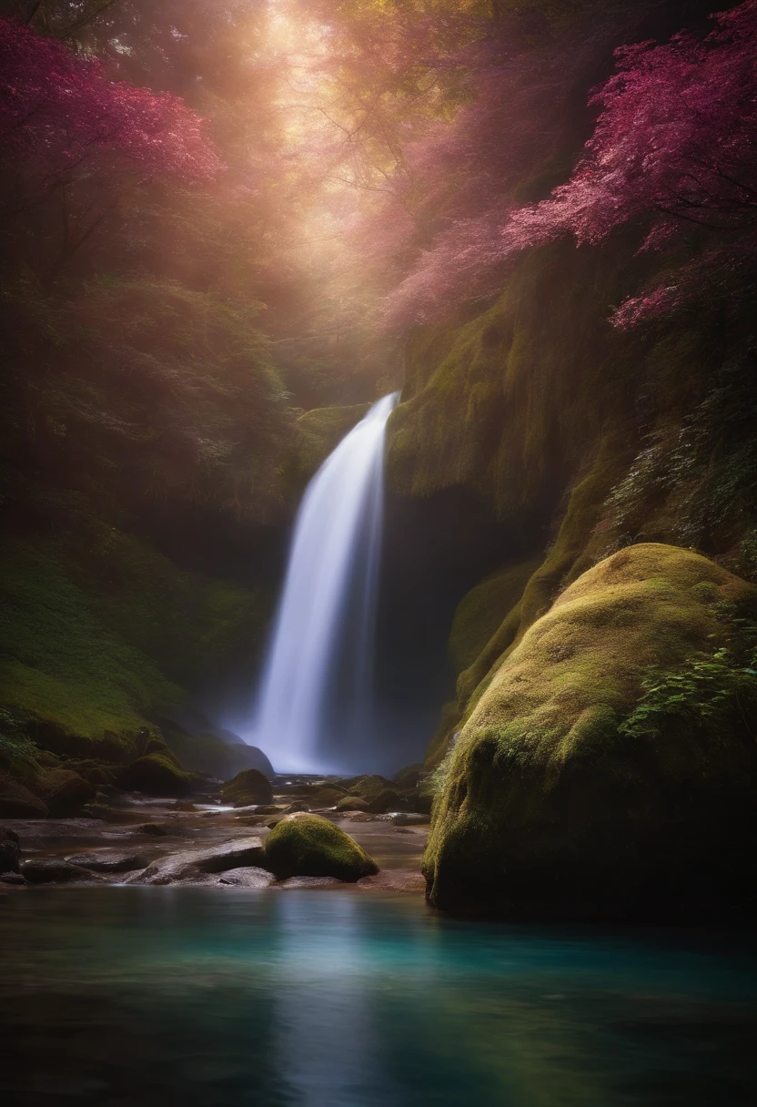Waterfall with iridescent light in the middle, magical colors and atmosphere, Magic Tree, magical colors and atmosphere, magical forest backround, Cascading iridescent waterfalls, ethereal rainbows, magical forest, Fantasy Tree, mystical colors, magical fantasy forest, enchanted magical fantasy forest, fantasy forest, magic fairy forest, Psychedelic Forest, The Swirling Magic of Nature