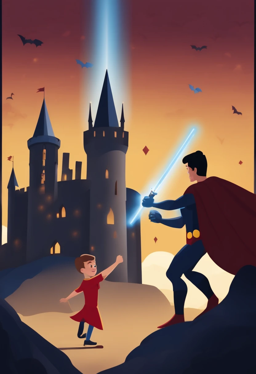 An image with two young boys playing with a lightsaber, one dressed in a Batman shirt and blue lightsaber and the other in a Superman shirt and red lightsaber. In the background a landscape with the sky in shades of blue and wine with a castle made of playing cards and two towers, and in the window of the right tower a princess throws confetti, while in the left tower there is a shadow with a wide smile and yellow eyes.