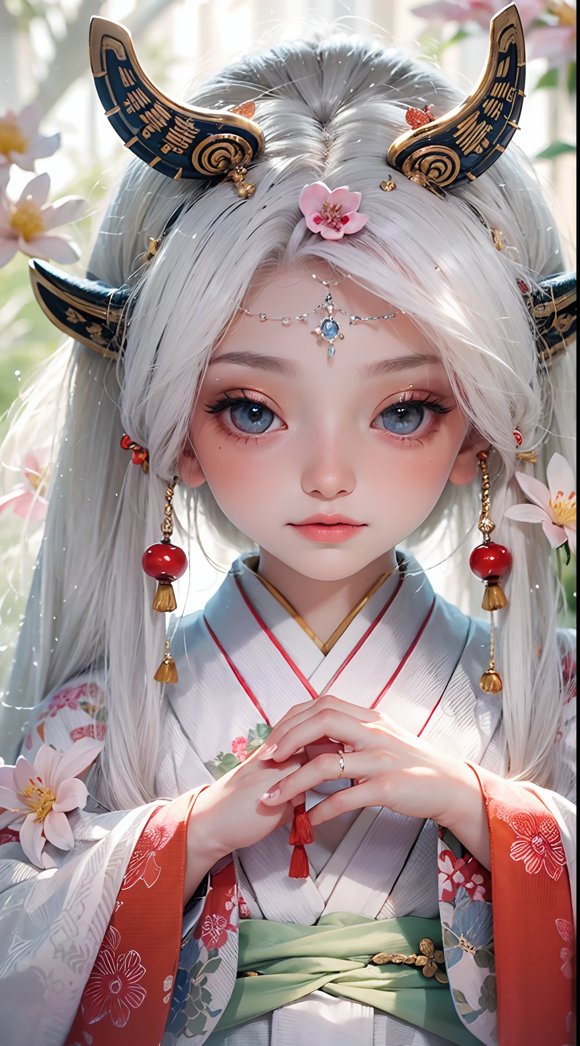 A hyper-realistic, highly detailed, and high-resolution 16k image of a young, beautiful female ghost or guardian spirit. She has light white hair and translucent skin, and is dressed in a traditional Japanese kimono with a small red cherry blossom design on the obi. The image captures the ethereal beauty and mystique of the spirit world. The style is inspired by the delicate, soft aesthetic found in traditional Japanese art.