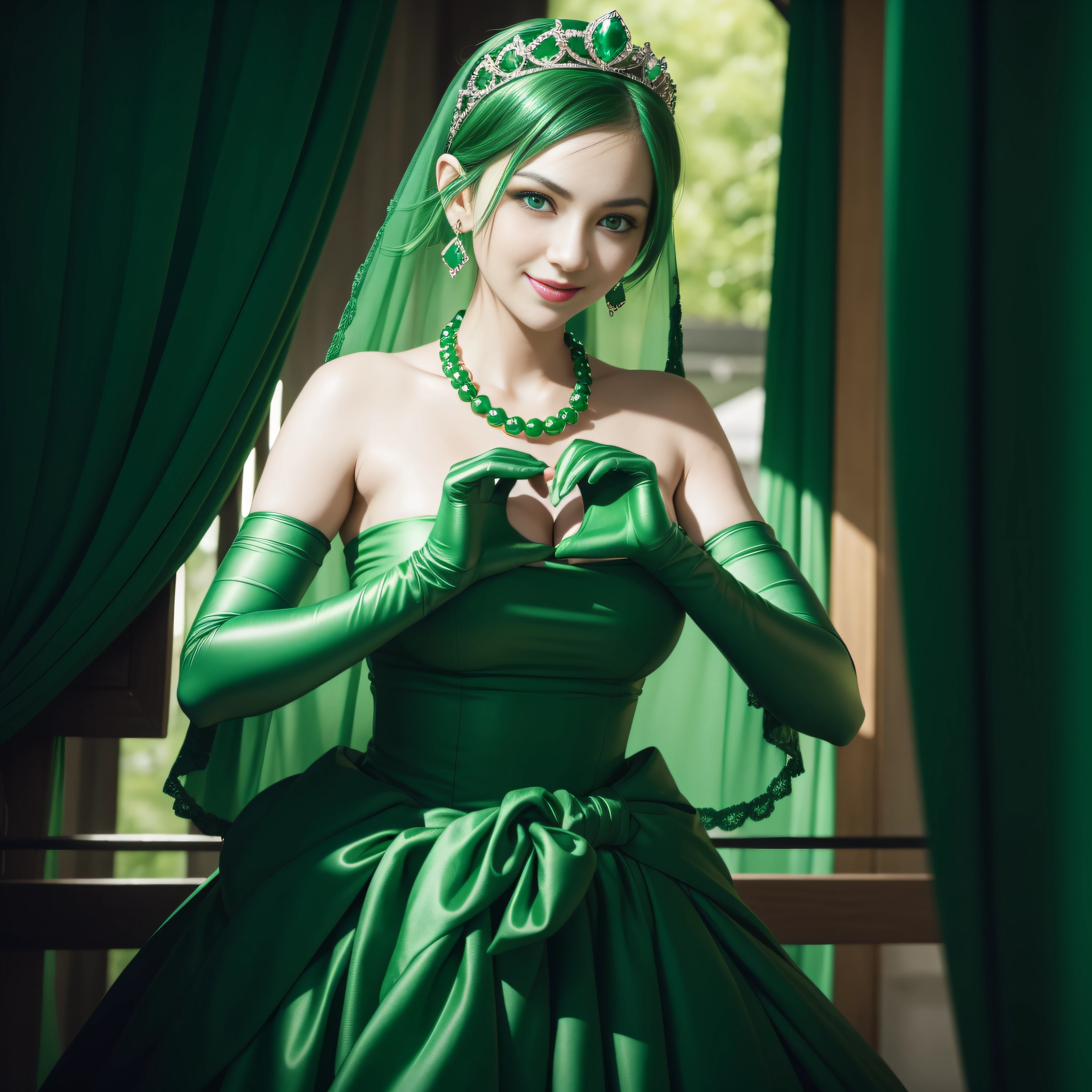 emerald tiara, Green Pearl Necklace, Boyish very short green hair, lipsticks, Japan woman smiling, very short short hair, big breasts beautiful, Green eyes, Long green gloves made of satin material, Green eyes, Emerald Earrings, green vale, Heart with both hands