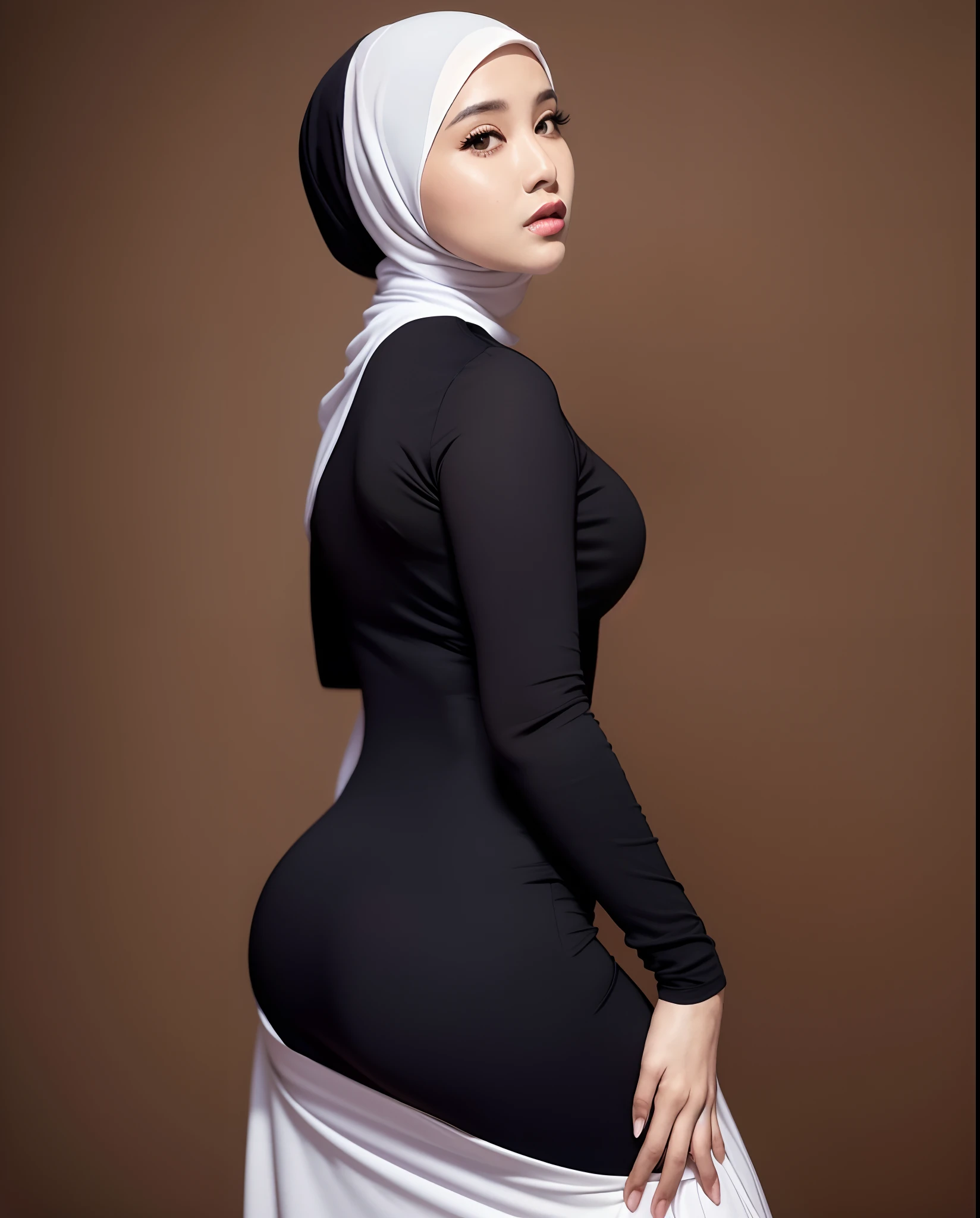 a woman in a long sleeves jubba thobbe posing for a picture, ((hijab)), middle body shot, full body photoshoot, tight attire, product shoot, black clothes body, posed in profile, side pose, thick, mid body shot, asian women, side profile waist up portrait