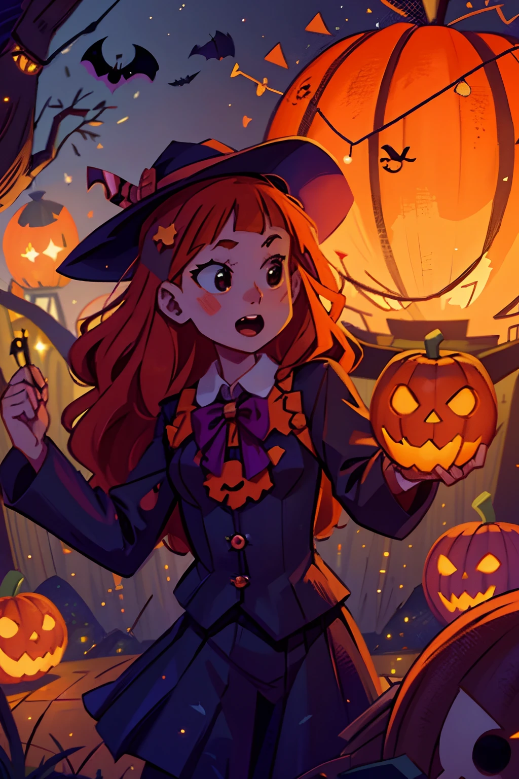 young cute witches and young cute wizards dance on halloween night. halloween pumpkins, lanterns, fireworks, bats, owls, medieval city.