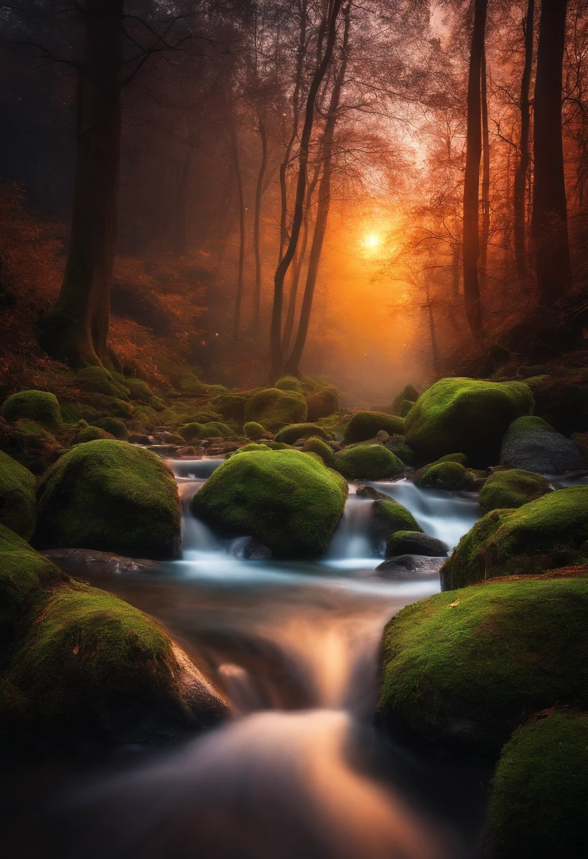 Water flowing through a forest full of colorful lights, magical landscape, magical colors and atmosphere, magical environment, magical colors and atmosphere, Colorful valley, An enchanted forest, magic fairy forest, magical background, mystical colors, magical fantasy forest, enchanted magical fantasy forest, magical forest, magical forest backround, Magic forest in the background