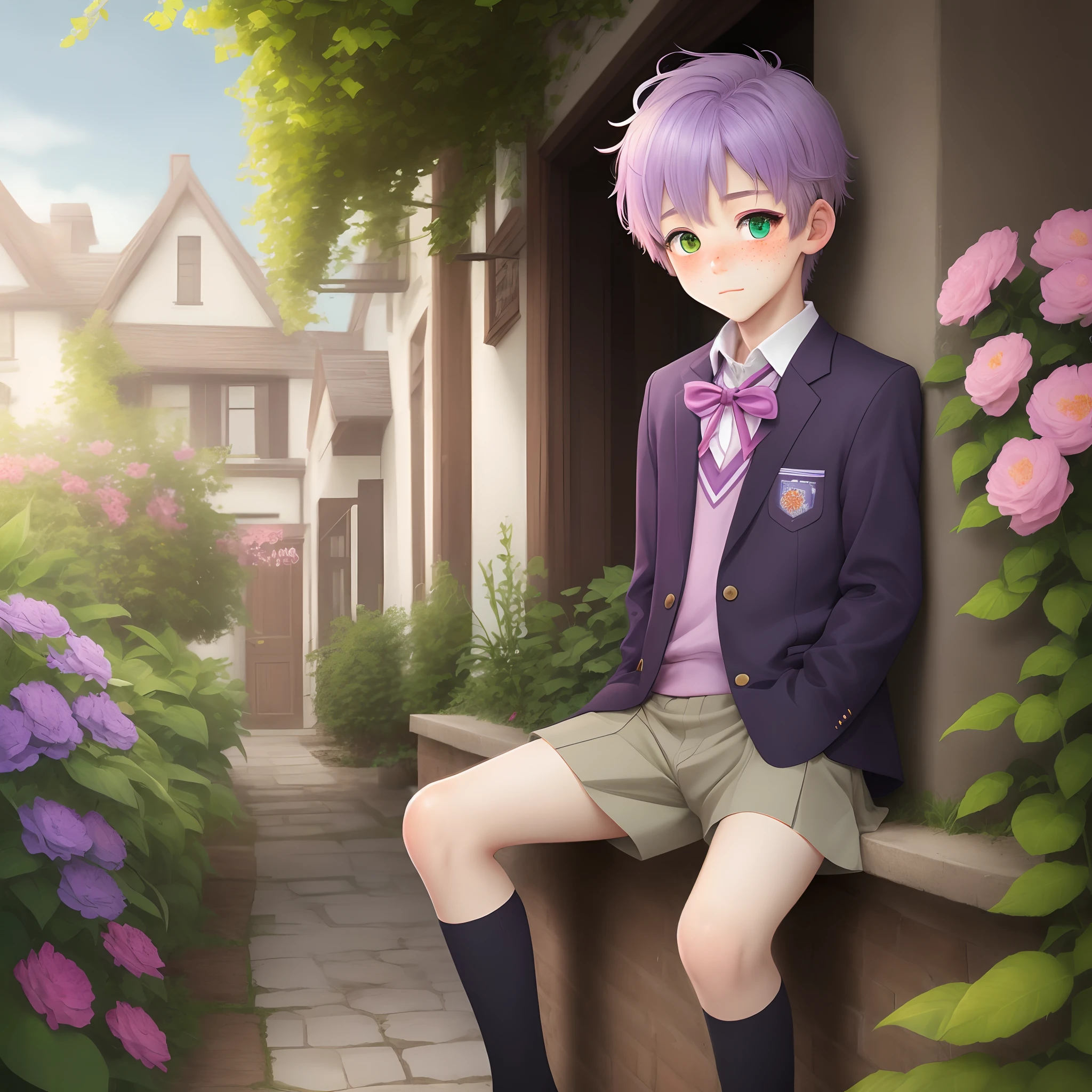 1boy, heterochromia, 1green eye, 1brown eye, purplepink hair, freckles, skinny, school uniform, shy, soft blush, short, magic garden