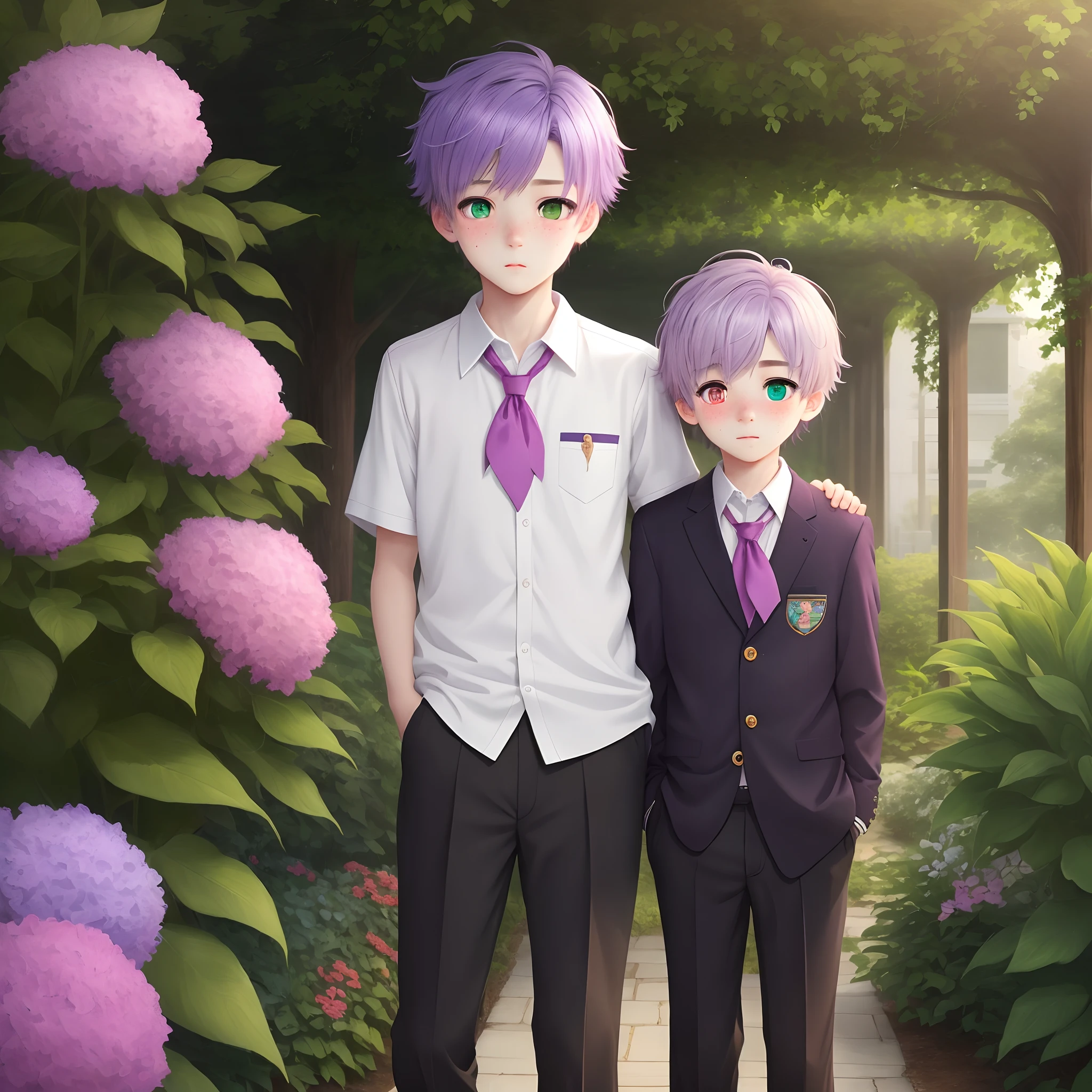 1boy, heterochromia, 1green eye, 1brown eye, purplepink hair, freckles, skinny, school uniform, shy, soft blush, short, magic garden