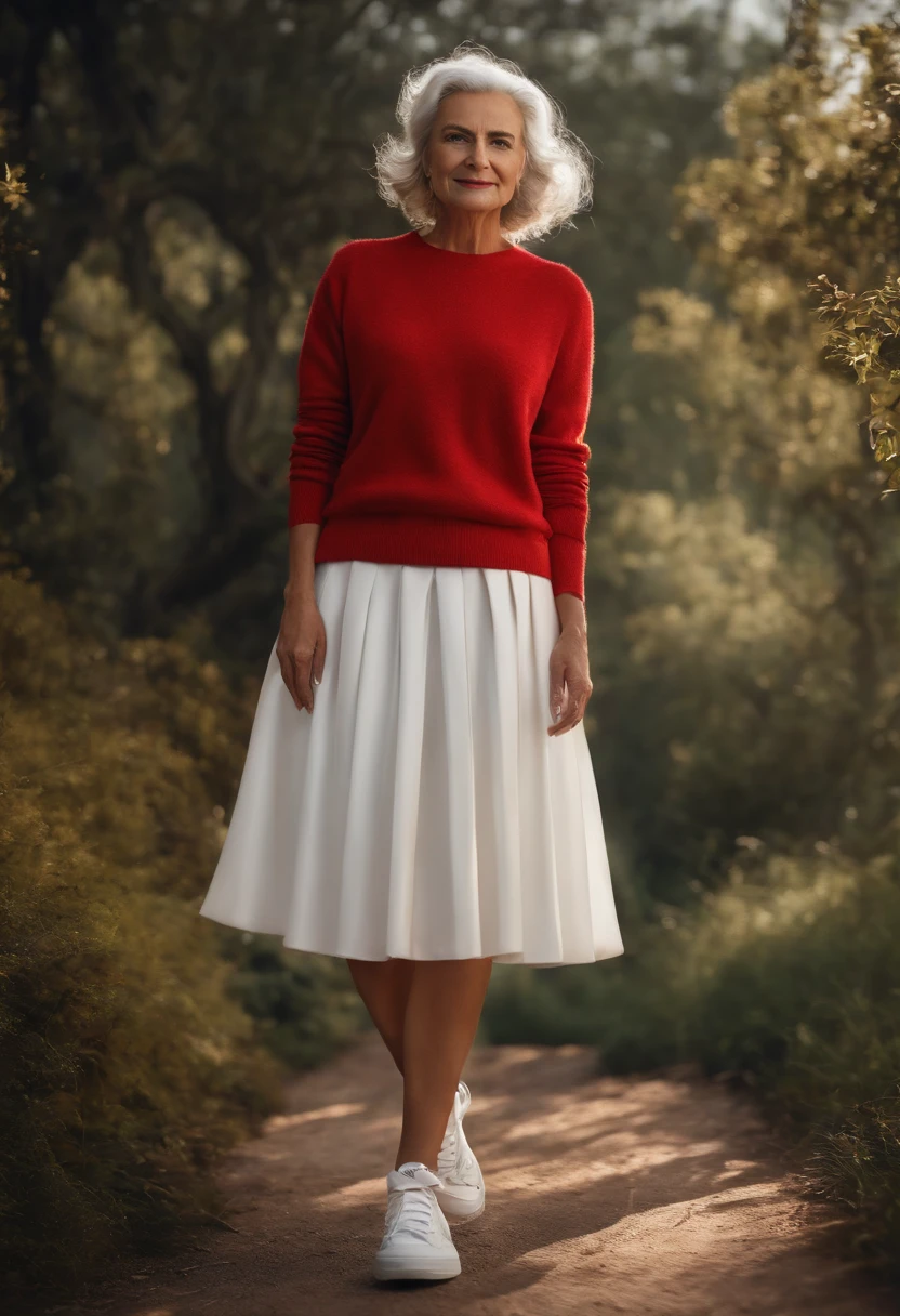 masterpiece, best quality, genny, granny, hairband, red sweater, frilly white skirt, sneakers, standing, looking at viewer