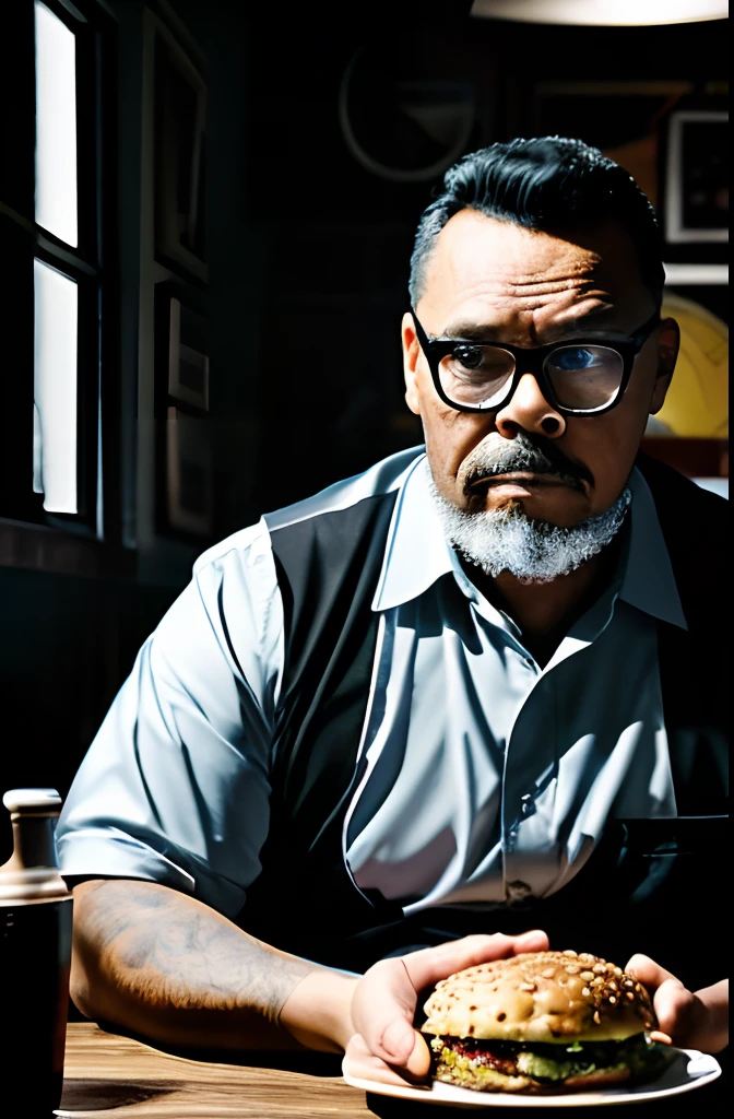 guttojugg1, A high-resolution, chiaroscuro-lit photograph for a diner magazine cover, featuring a man wearing glasses in '70s diner staff attire, showing off a complete hamburger. The primary focus of the photograph is on the hamburger, with the rest of the scene, including the man, in a depth of field. The lighting is studio-based, using chiaroscuro techniques to add dramatic effect. The image is highly detailed and realistic, shot at eye level.