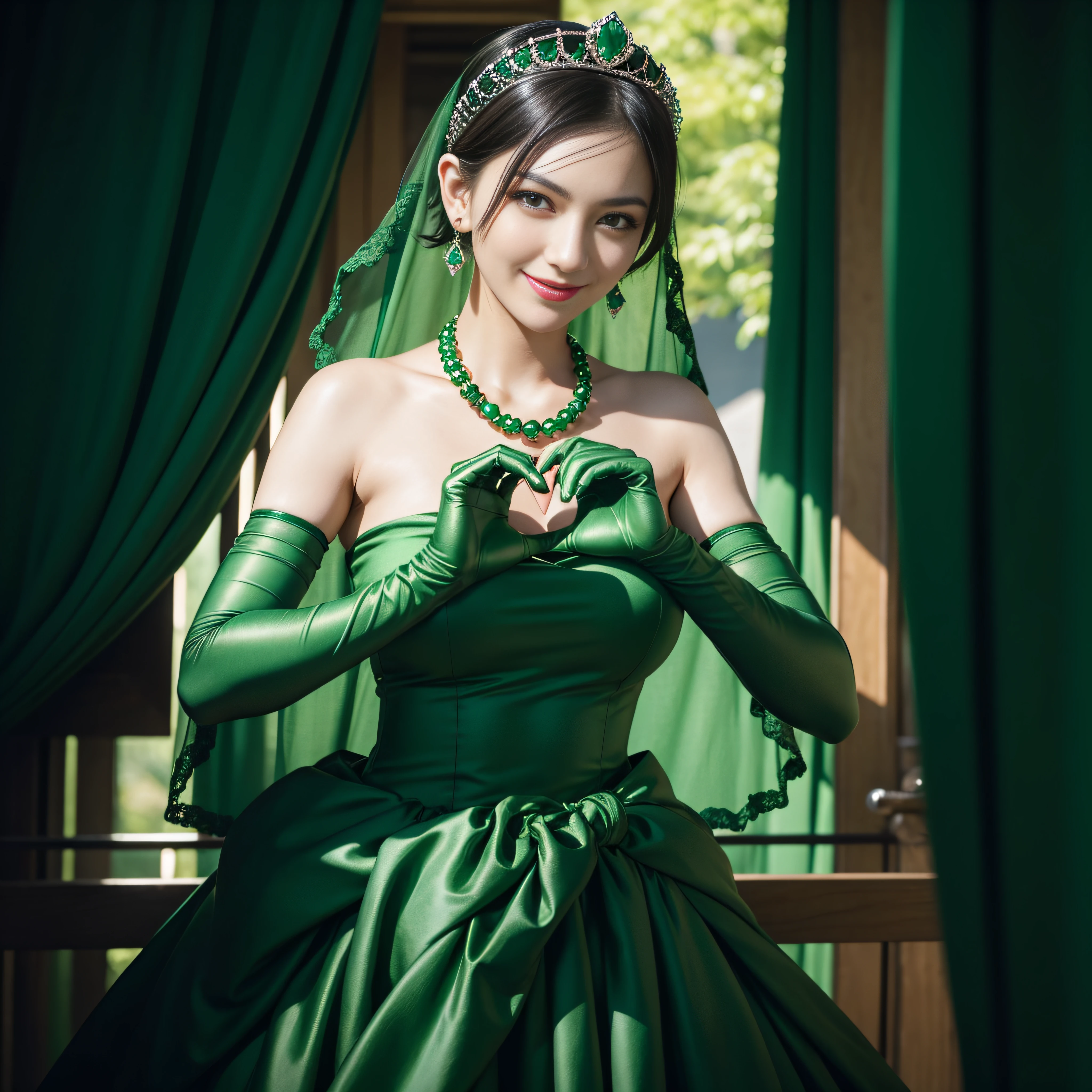 emerald tiara, Green Pearl Necklace, Boyish very short black hair, lipsticks, Japan woman smiling, very short short hair, big breasts beautiful, Green eyes, Long green gloves made of satin material, Green eyes, Emerald Earrings, green vale, Heart with both hands