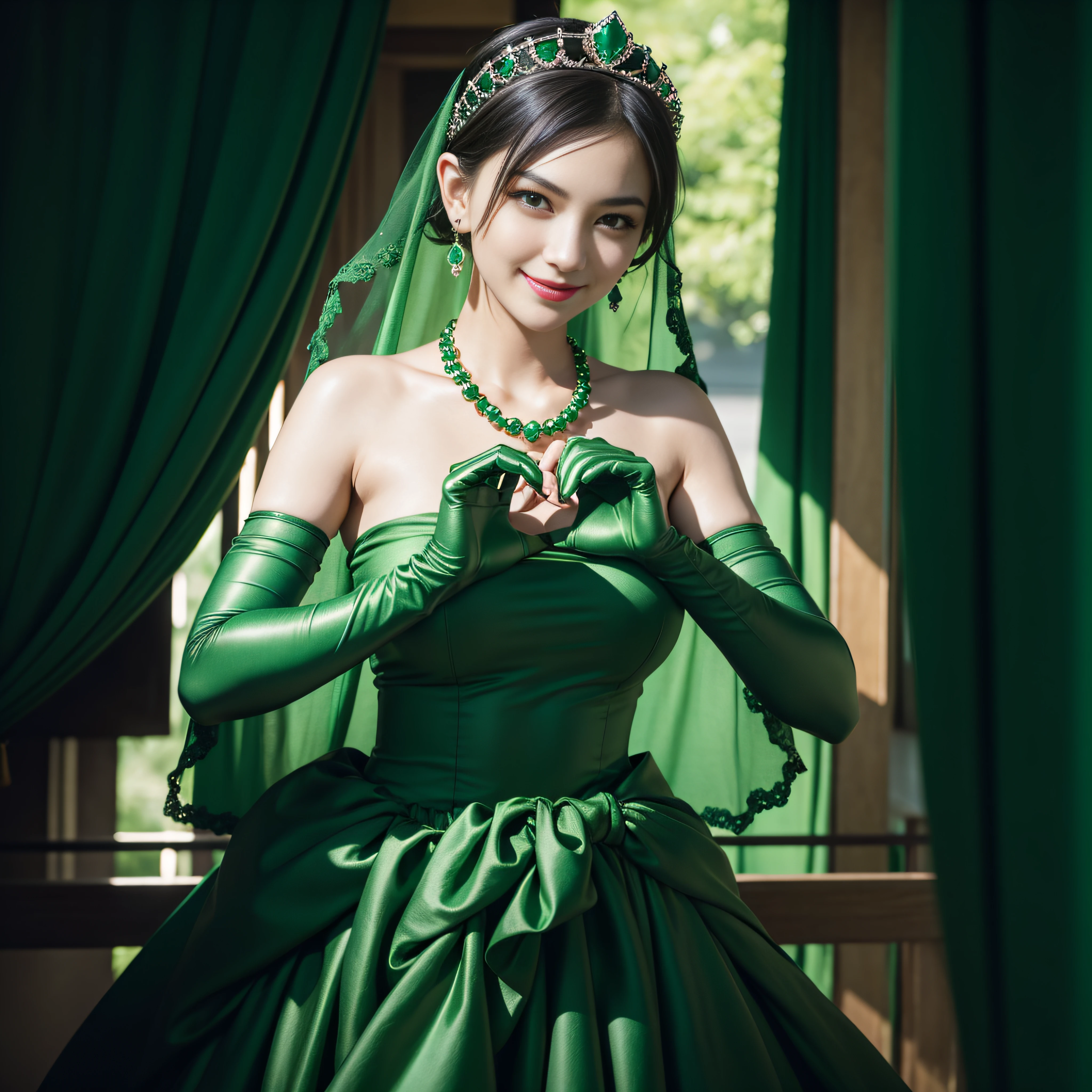 emerald tiara, Green Pearl Necklace, Boyish very short black hair, lipsticks, Japan woman smiling, very short short hair,  big breasts beautiful, Green eyes, Long green gloves made of satin material, Green eyes, Emerald Earrings, green vale, Heart with both hands