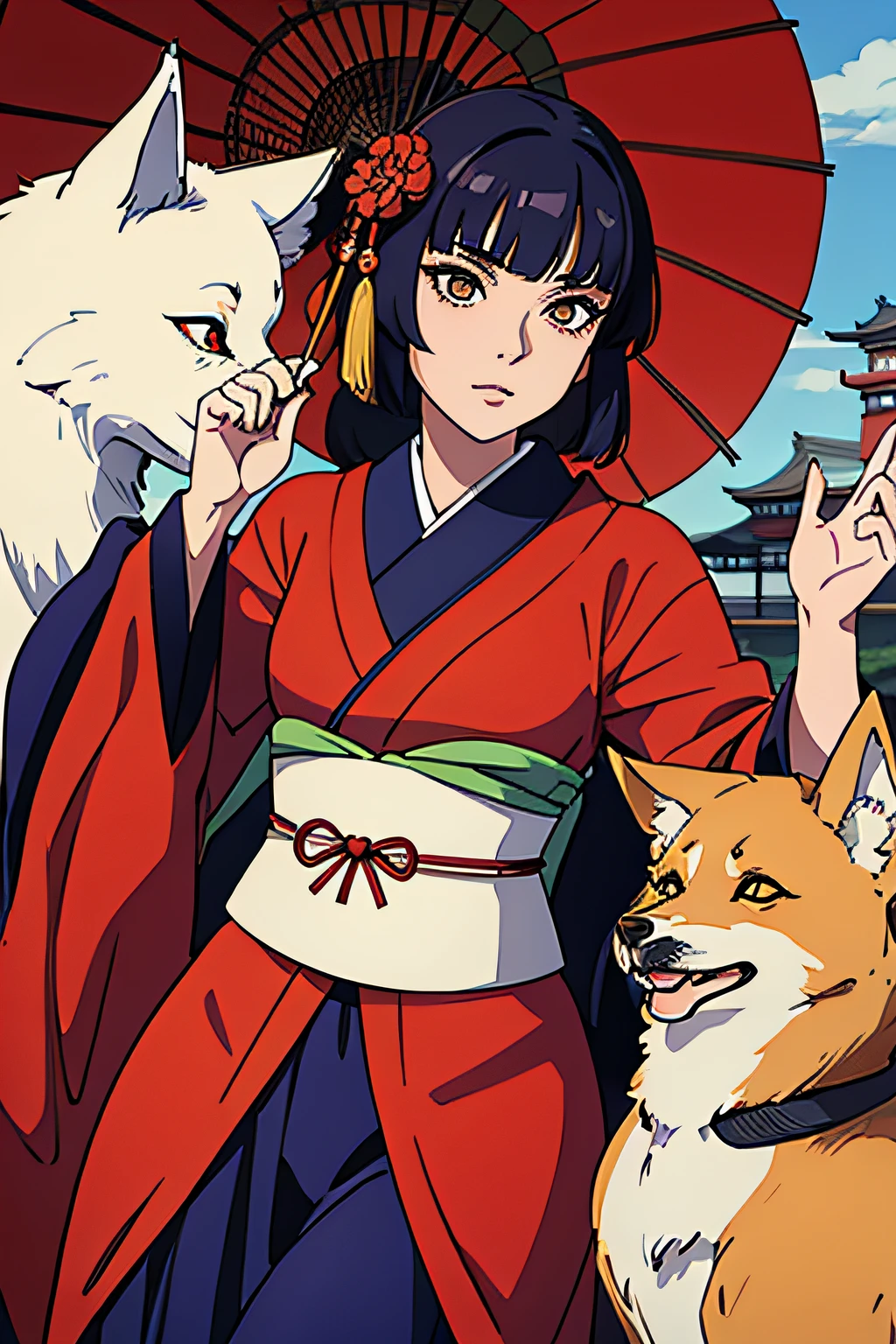 Mulher usando uma mascara de Kitsune da cultura japonesa