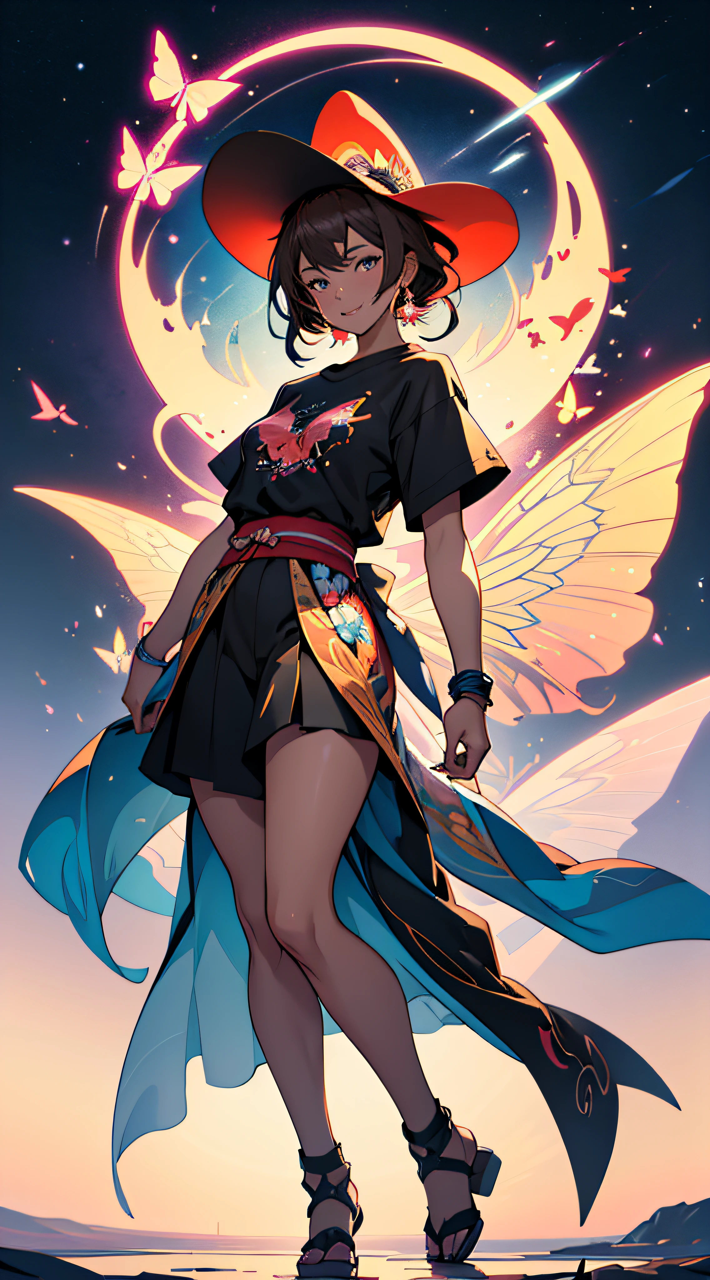 high quality, 8K Ultra HD, colorful tone, full body, stary night red black beautiful magical woman, magic hat, splash arts, aesthetic for Tshirt design, butterflies flying in the background, soft tetrad color, A digital illustration of anime style, digital anime paintings of her, soft anime tones, Feels like Japanese anime, two-dimensional, planar vector, character design, vector art, fantasy art, T-shirt design, Background with light brown gradient, soft tetrad color, by yukisakura, highly detailed,
