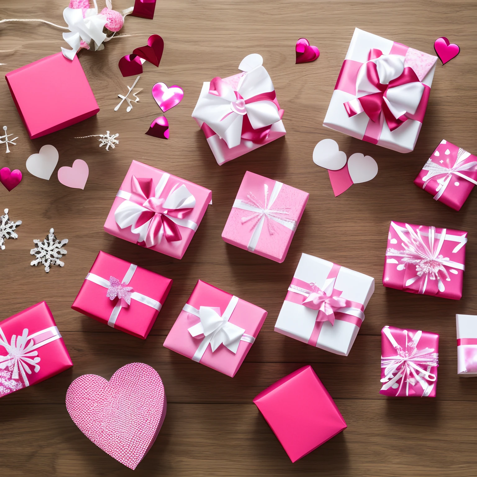 Gift boxes with ribbon with scattered decorative paper hearts, pink background with empty space, wedding, saint valentines day, mother day celebration concept