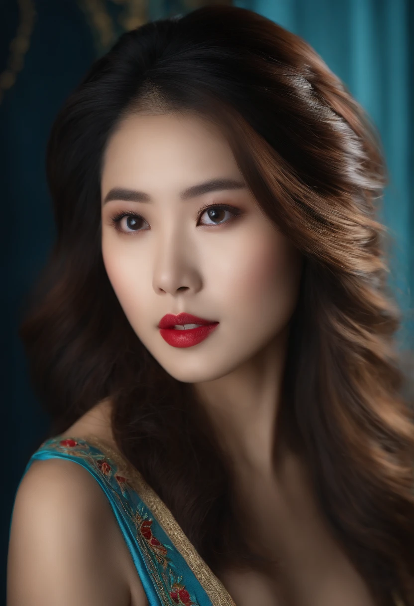Belle jeune femme asiatique, au yeux bleus, fine avec de beaux seins et une belle bouche, nue