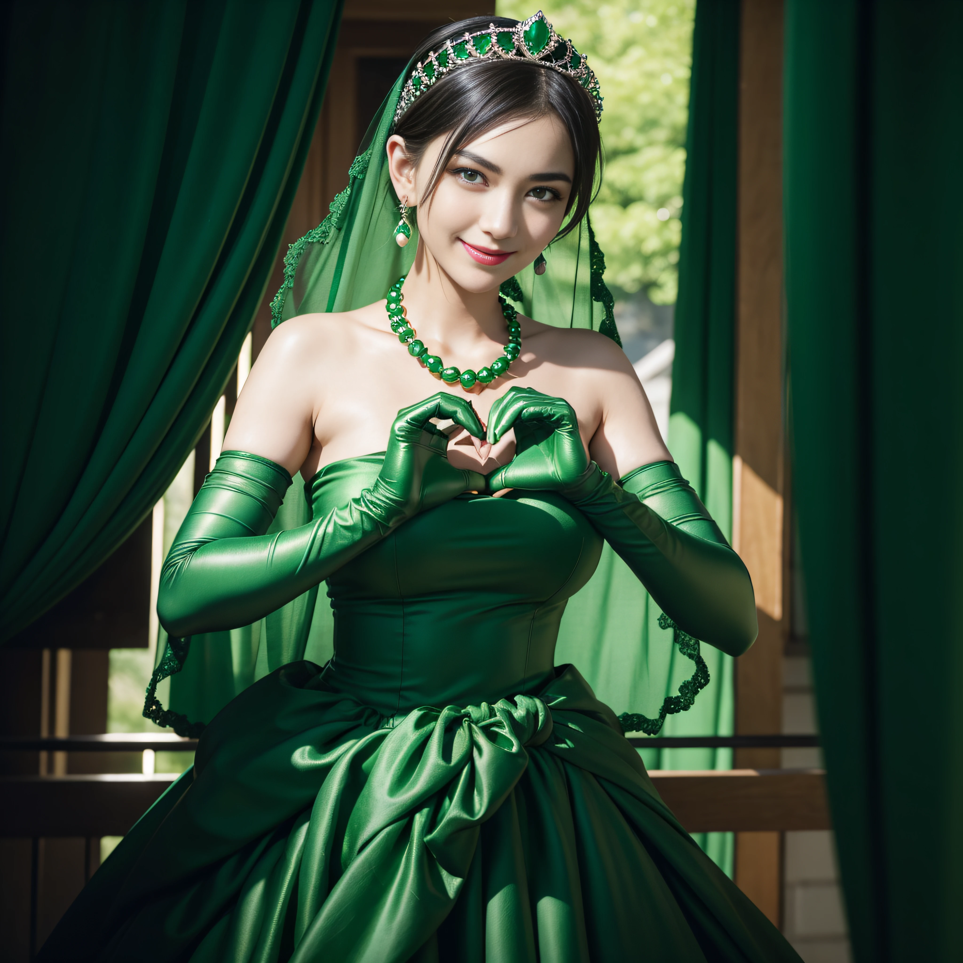 emerald tiara, Green Pearl Necklace, Boyish very short black hair, lipsticks, Japan woman smiling, very short short hair, big breasts beautiful, Green eyes, Long green gloves made of satin material, Green eyes, Emerald Earrings, green vale, Heart with both hands