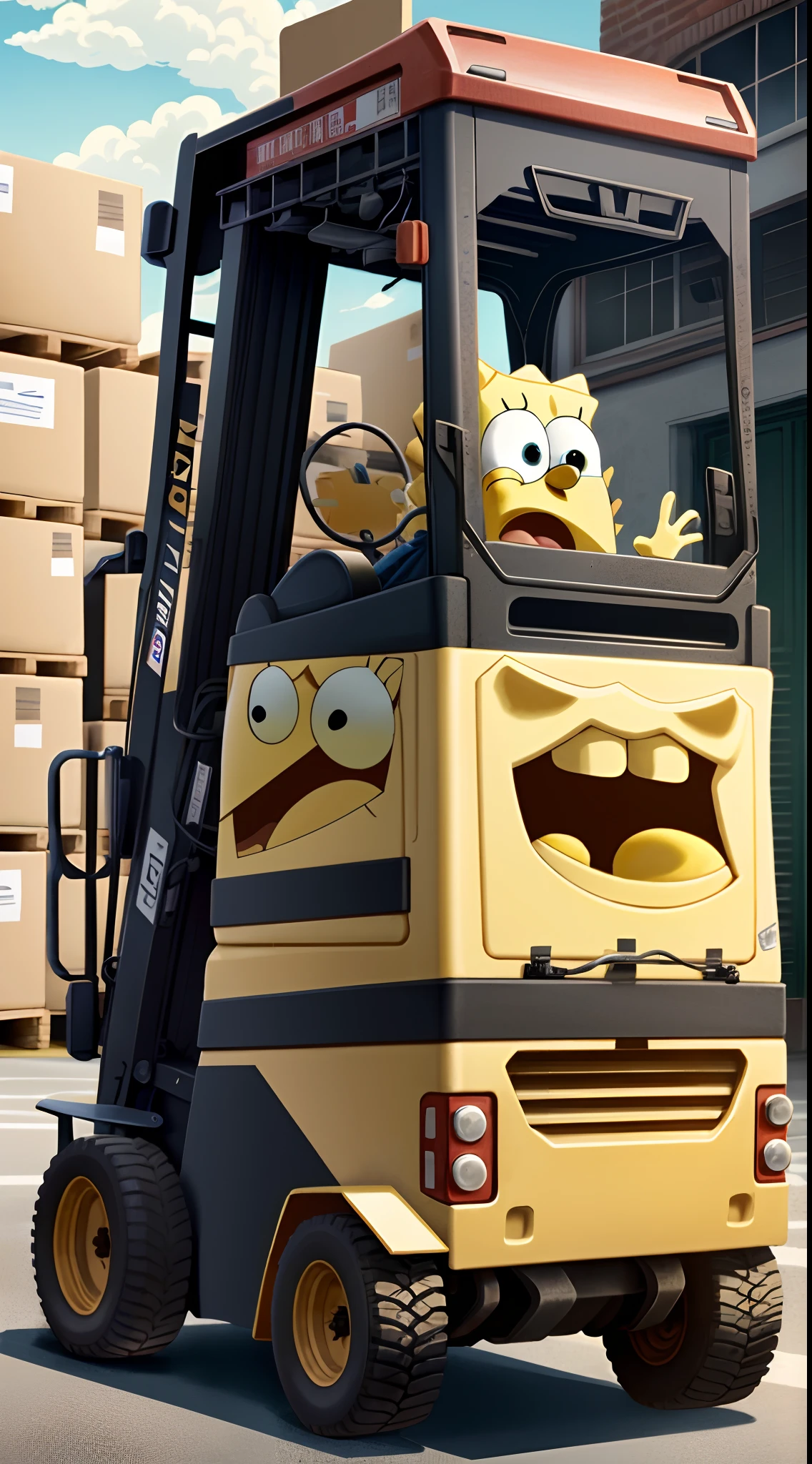 Spongebob with your sister drive in forklift truck