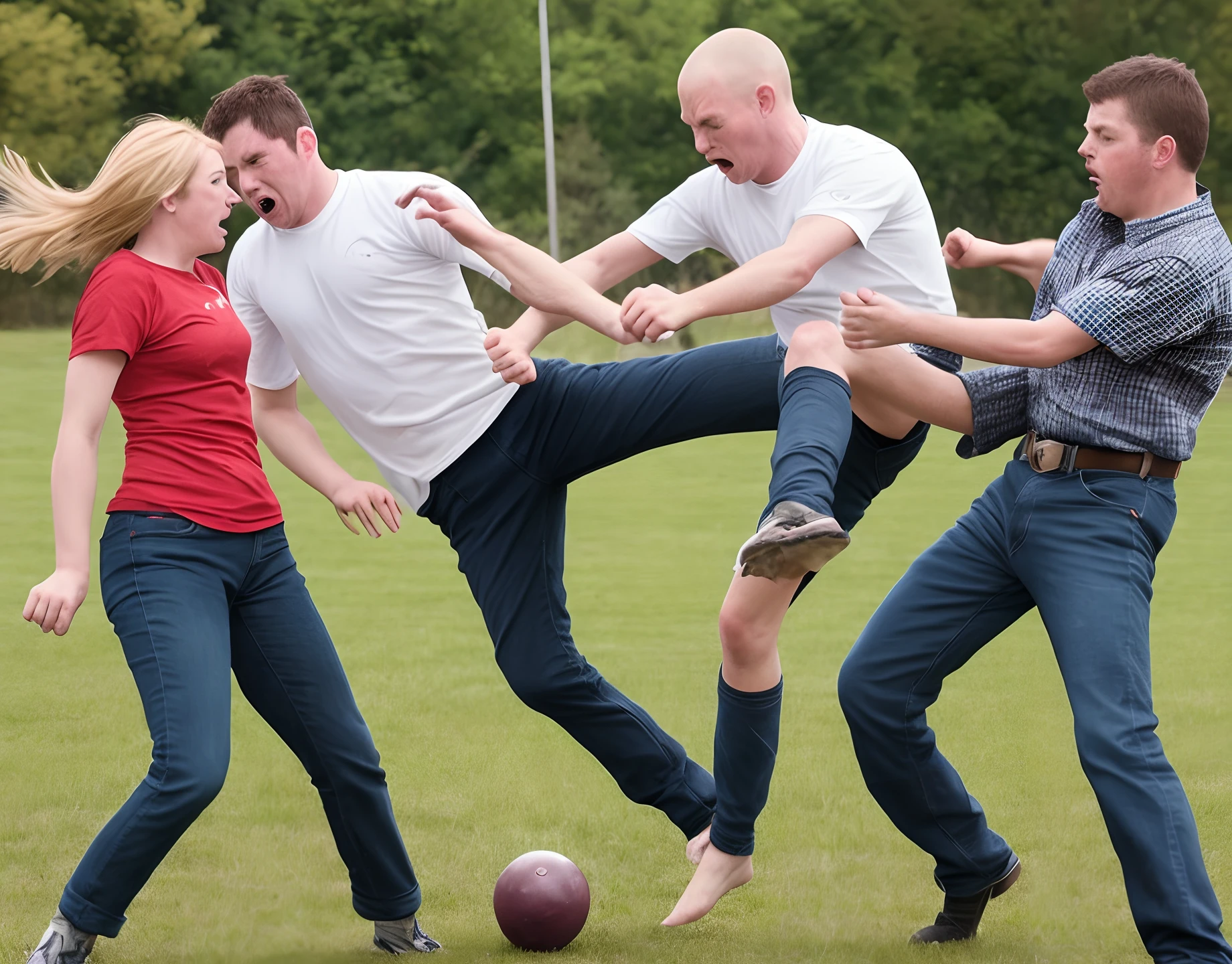 Woman kicking man in the balls