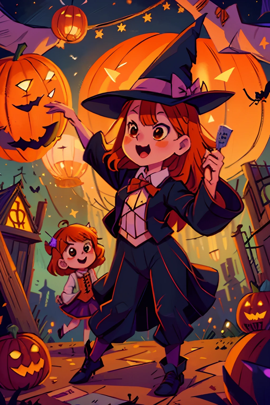 young cute witches and young cute wizards dance on halloween night. halloween pumpkins, lanterns, fireworks, bats, owls, medieval city.