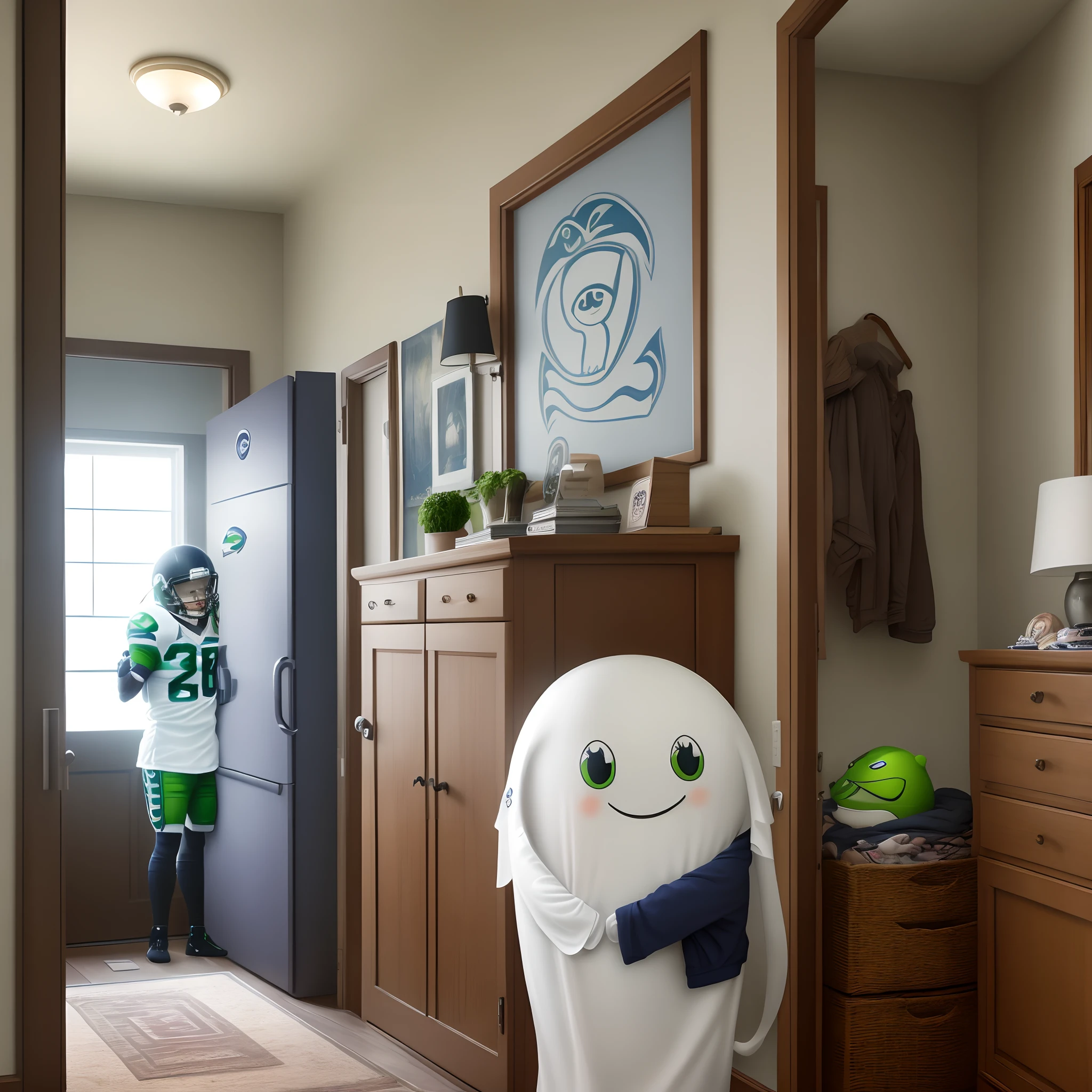 Friendly Ghost who is a Seattle Seahawks fan standing in the doorway of a bedroom