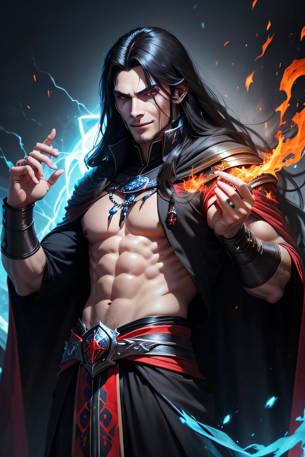 dark muscular male evil lord with long black hair, black and red cloak holding a fire ball