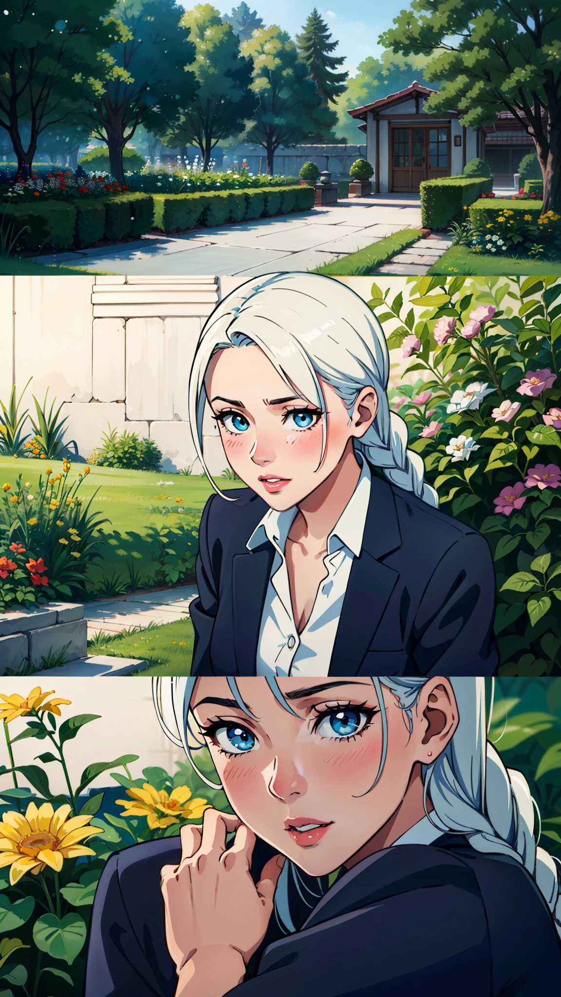 A detailed painting of two girls in a garden, wearing blazer jackets and pleated skirts. The girls have white hair with twist braids and beautiful, detailed eyes. One of them has red, bitten lips and is blushing. The painting is a masterpiece created by a grand master, with the highest quality (4k resolution or higher) and ultra-detailed features. The artwork has a realistic, photorealistic style and vibrant colors. The lighting in the garden is natural and soft, creating a serene atmosphere.