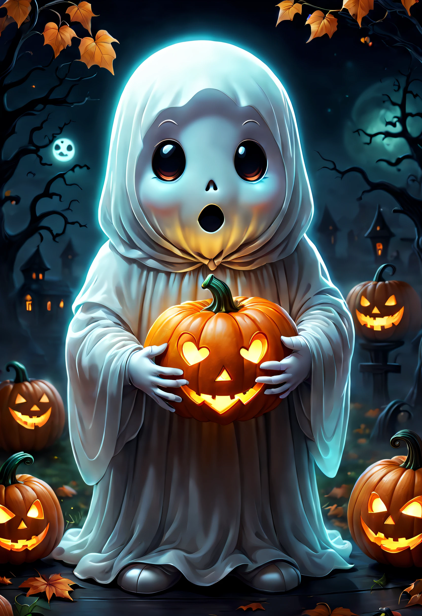 digital art of an adorable ghost, glowing within, holding a heart shaped pumpkin, Halloween, high quality, masterpiece, 8k, super cute, sticker