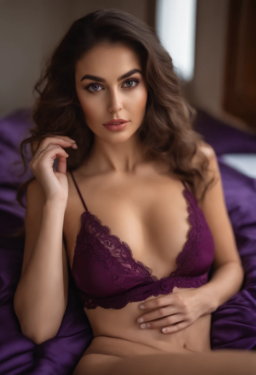 Arafed woman with red lace underwear, lying on his stomach on a bed, fille sexy aux yeux bruns, Portrait Sophie Mudd, cheveux bruns et grands yeux, selfie of a young woman, Yeux de chambre, Violet Myers, sans maquillage, maquillage naturel, looking straight at camera, Visage avec Artgram, Maquillage subtil, Superbe photo du corps entier, dans la chambre, clivage