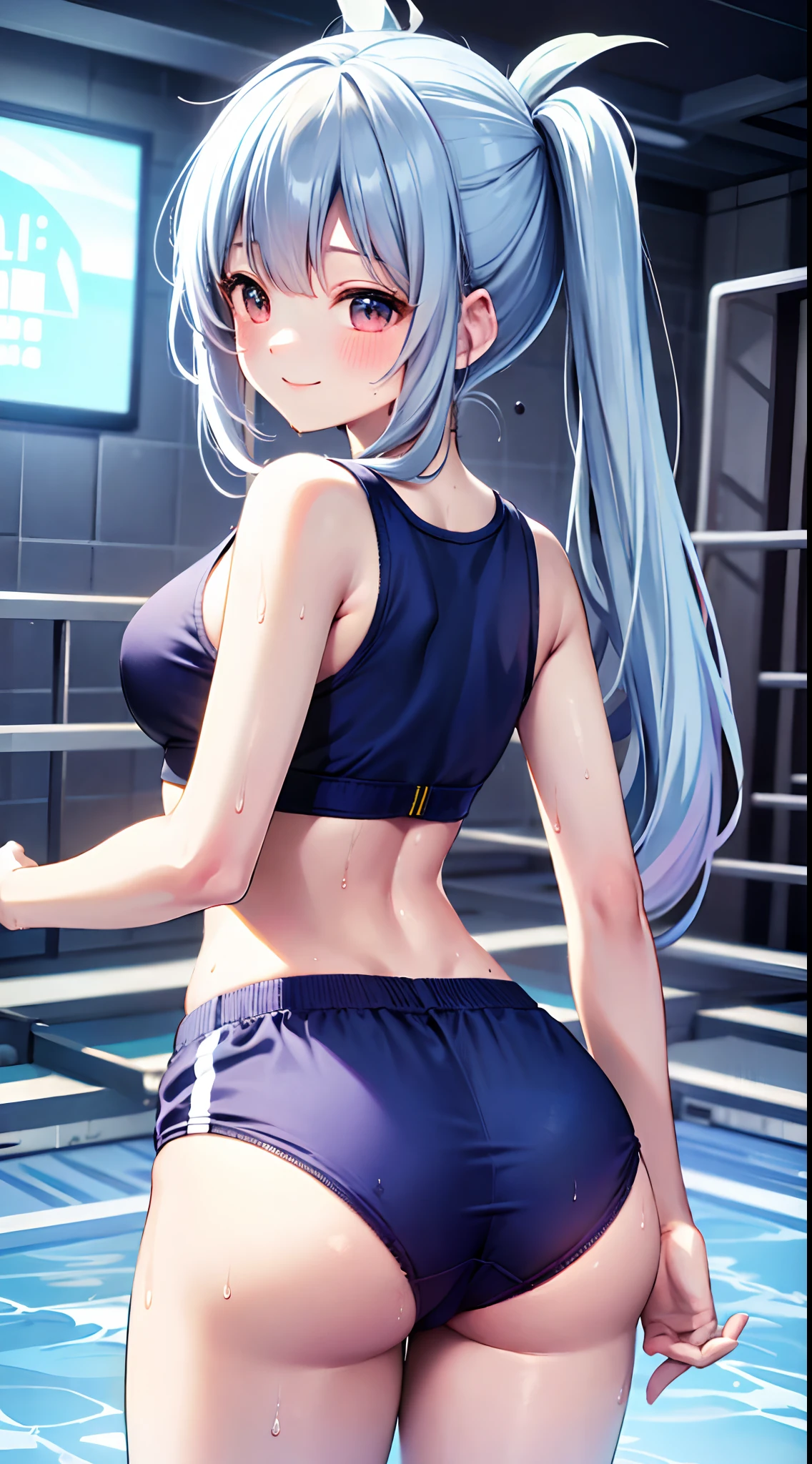 femele,Light blue long hair、Twin-tailed、adorable smiling、１2 ,White and blue sports bra and boxer shorts,,Wet with sweat,Look back,(((Satin Narico)))