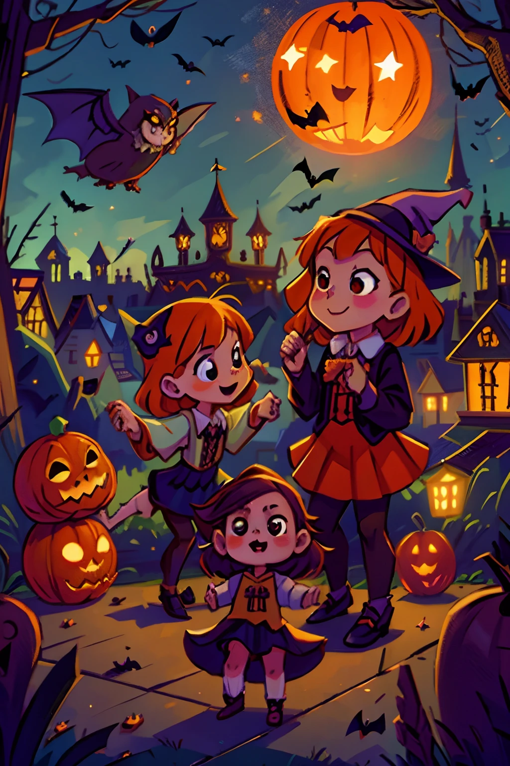 young cute witches and young cute wizards dance on halloween night. halloween pumpkins, lanterns, fireworks, bats, owls, medieval city.