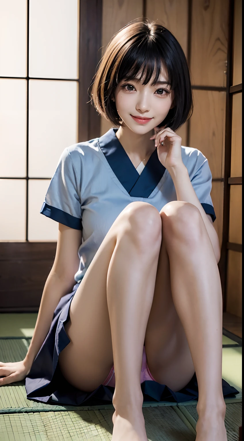 (((Dressing:1.8))), ((Dress up reliably:1.8)), (((pantie shot:1.8))), (((Show the camera everything about your panties:1.8))), ((Sit on the floor with your knees bent:1.8, sitting with knees arised:1.8)), (((School uniforms with short sleeves:1.8, a miniskirt:1.5, Panties with a small area:1.5))), ((traditional Japanese room:1.8)), ((Smiling smile:1.8)), 1girl in, 独奏, 18year old, 7headed body, Ideal ratio body proportions, erectile nipple, short-hair, A dark-haired, With bangs, small tits, A slender, Small buttocks, beauty legs, Skinny Legs, surrealism, Cinematic lighting, depth of fields, One-person viewpoint, F/1.8, 135 mm, nffsw, masutepiece, ccurate, ((Anatomically correct:1.3)), Textured skin, Super Detail, high details, High quality, awardwinning, Best Quality, hight resolution, 8K