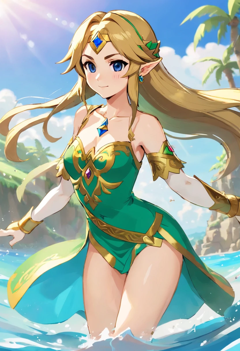 princess zelda、swim wears　Cloth area is small、huge tit、Chest exposure
