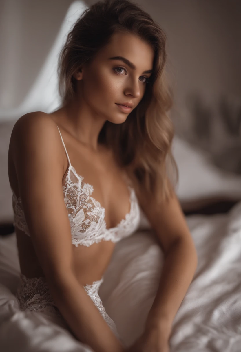 Arafed woman with white lace underwear, lying on your stomach, sur un lit, fille sexy aux yeux bruns, Portrait Sophie Mudd, cheveux bruns et grands yeux, selfie of a young woman, Yeux de chambre, Violet Myers, sans maquillage, maquillage naturel, looking straight at camera, Visage avec Artgram, Maquillage subtil, Superbe photo du corps entier, dans la chambre, clivage