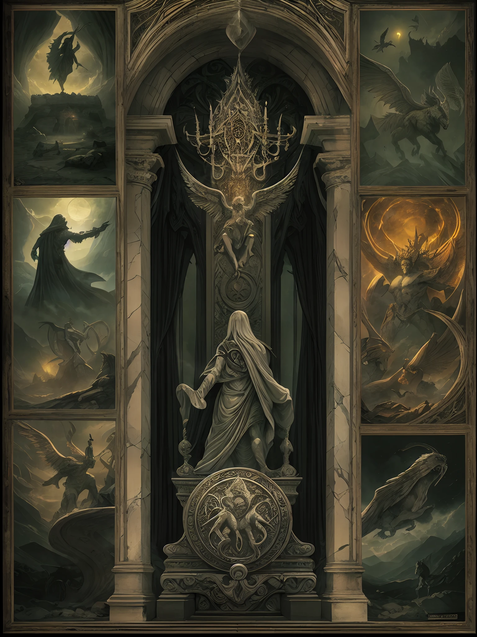 dark fantasy movie poster,bauhaus,illustrated,painted style,dramatic lighting,vibrant colors,high contrast,mysterious creatures,eerie atmosphere,gothic architecture,mystical symbols,detailed textures,moody sky,haunting shadows,mythical creatures,heroic protagonist,ominous clouds,intense emotions,dark magic,otherworldly landscapes,magical artifacts,foreboding atmosphere,ethereal essence,majestic and grandiose,action-packed,epic battles,magic spells,blurred background,swirling mist,heroic pose,brooding expression,emblematic symbol,ethereal lighting,colossal statues,mythical creatures,ominous presence,intricate details,foreboding energy,haunting melodies,visual symbolism,ancient prophecies