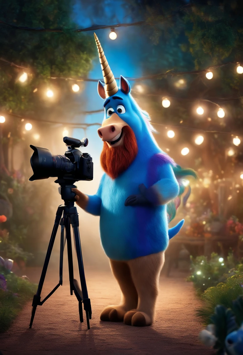 Disney Pixar Movie poster of
a bearded guy dressed in a blue unicorn costume is watching photography lights, there are photography tripods around him, he is surrounded by photography accessories, he is happy Dinsey Pixar Movie