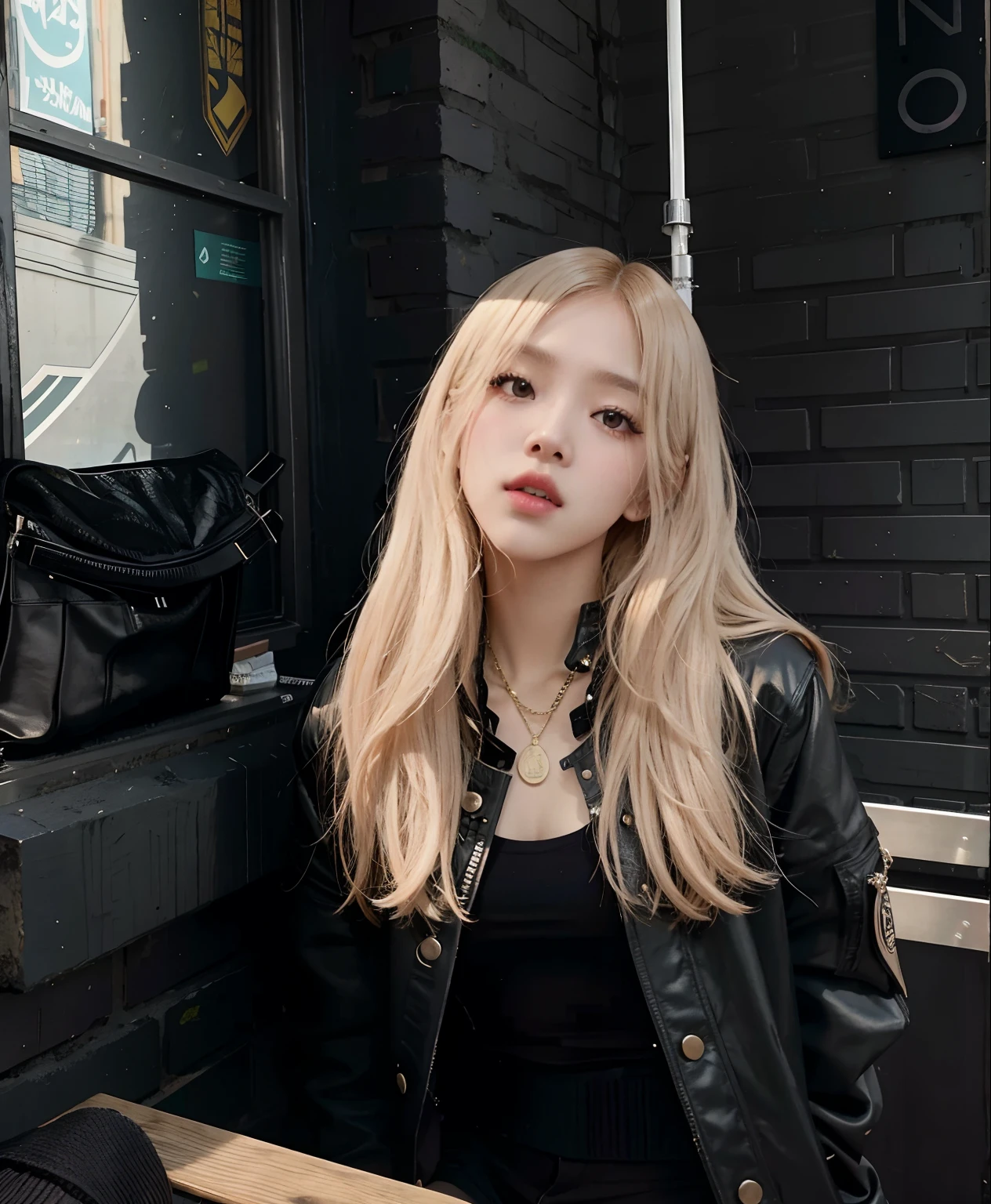 mujer con chaqueta negra sentada en un banco frente a un edificio, Parque Roseanne de Blackpink, Retrato de Jossi de Blackpink, Jossi de Blackpink, Lalisa Manoban de Blackpink, Lalisa Manobal, Jisoo de Blackpink, con cabello largo y rubio, Retrato Jisoo Blackpink, Una chica con cabello rubio, Jisoo de Blackpink