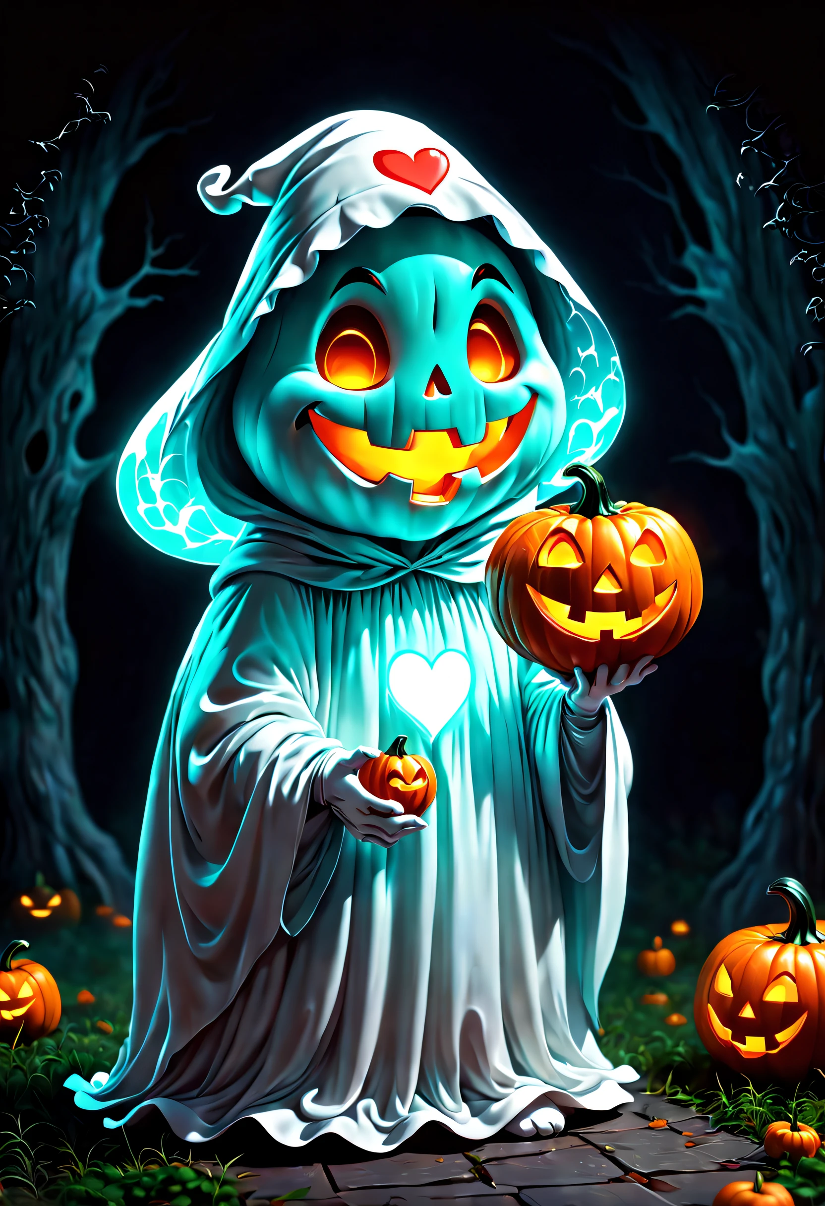 digital art of an adorable ghost, glowing within, holding a heart shaped pumpkin, Halloween, high quality, masterpiece, 8k, super cute, sticker