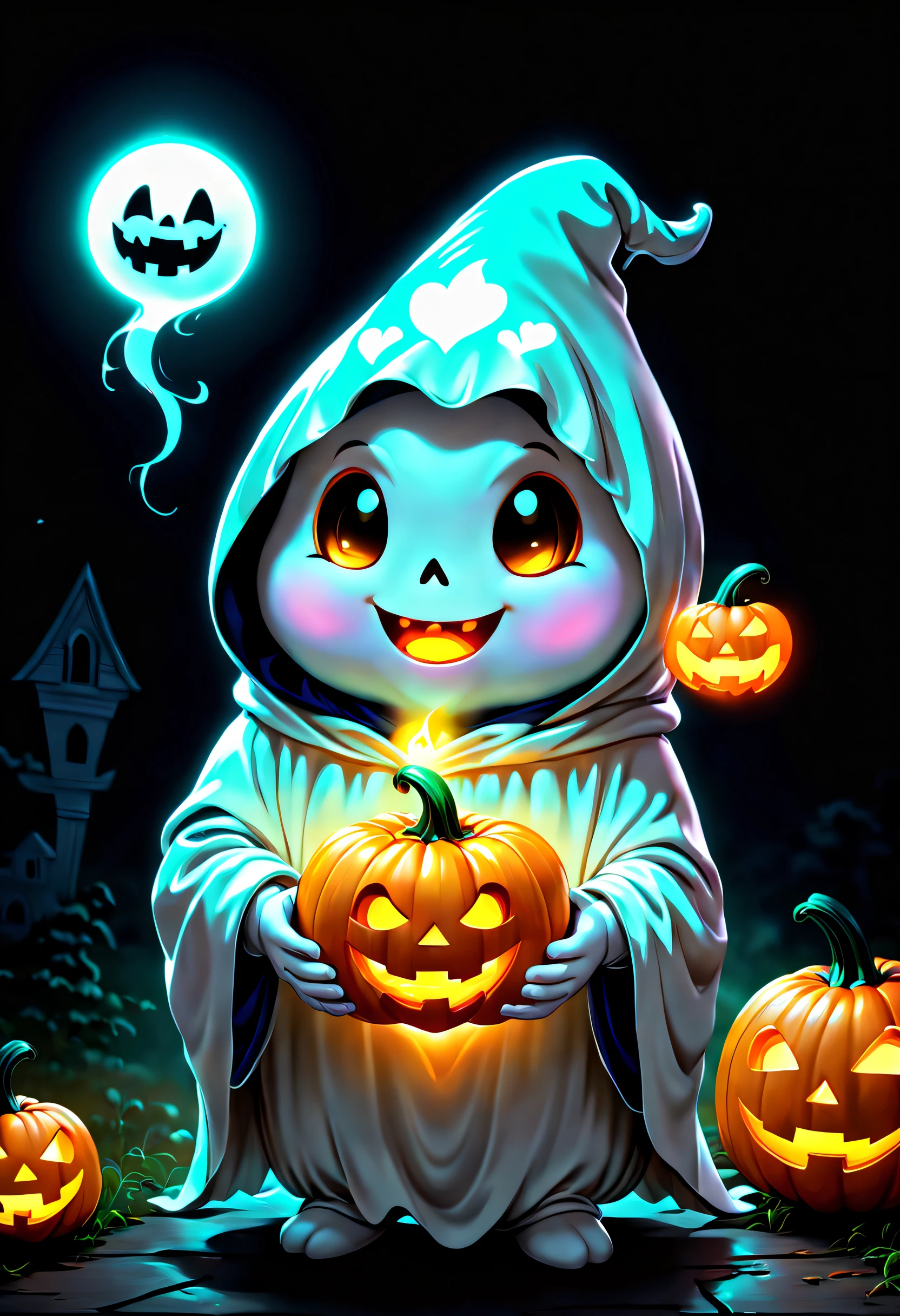 digital art of an adorable ghost, glowing within, holding a heart shaped pumpkin, Halloween, high quality, masterpiece, 8k, super cute, sticker