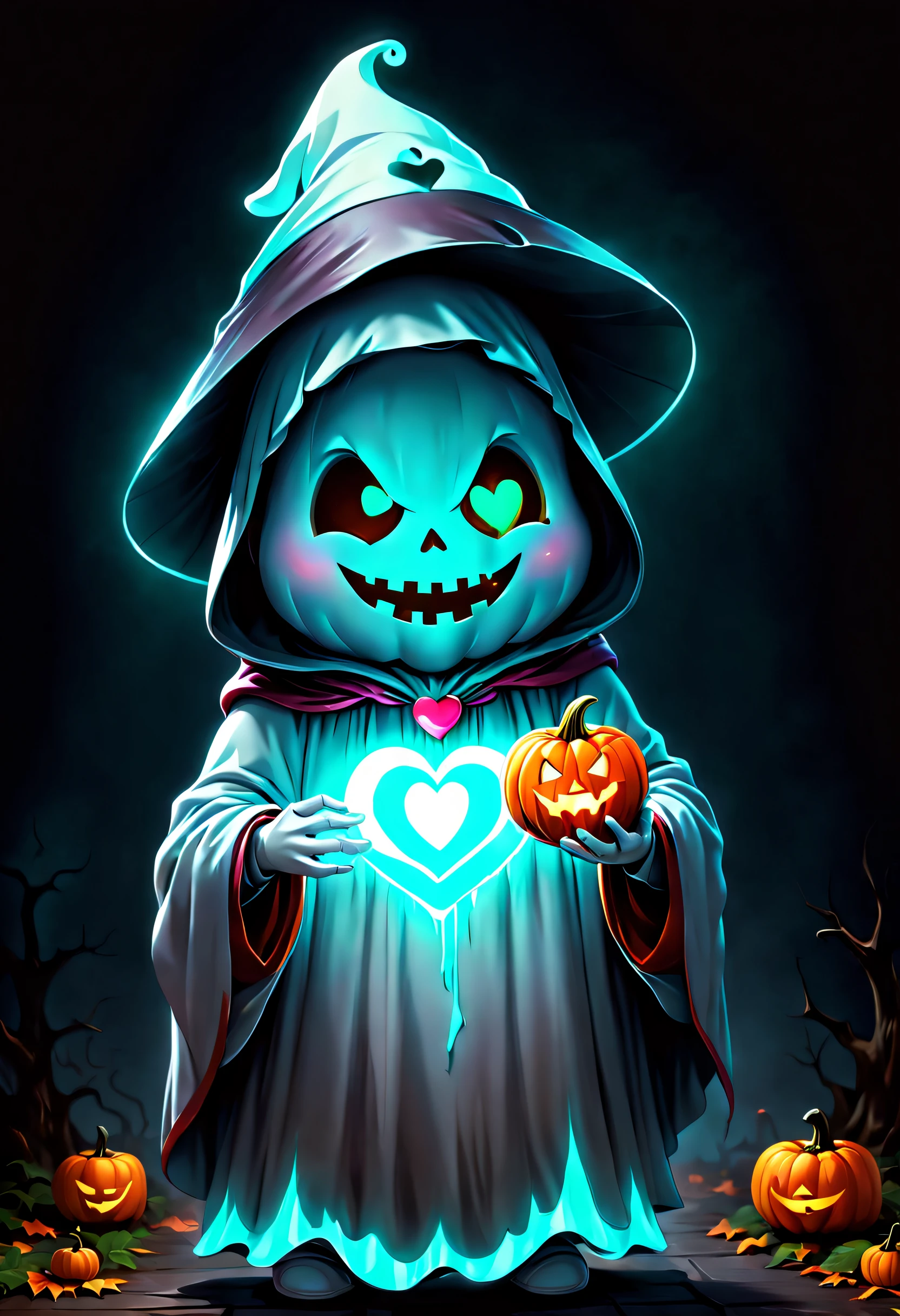 digital art of an adorable ghost, glowing within, holding a heart shaped pumpkin, Halloween, high quality, masterpiece, 8k, super cute, sticker