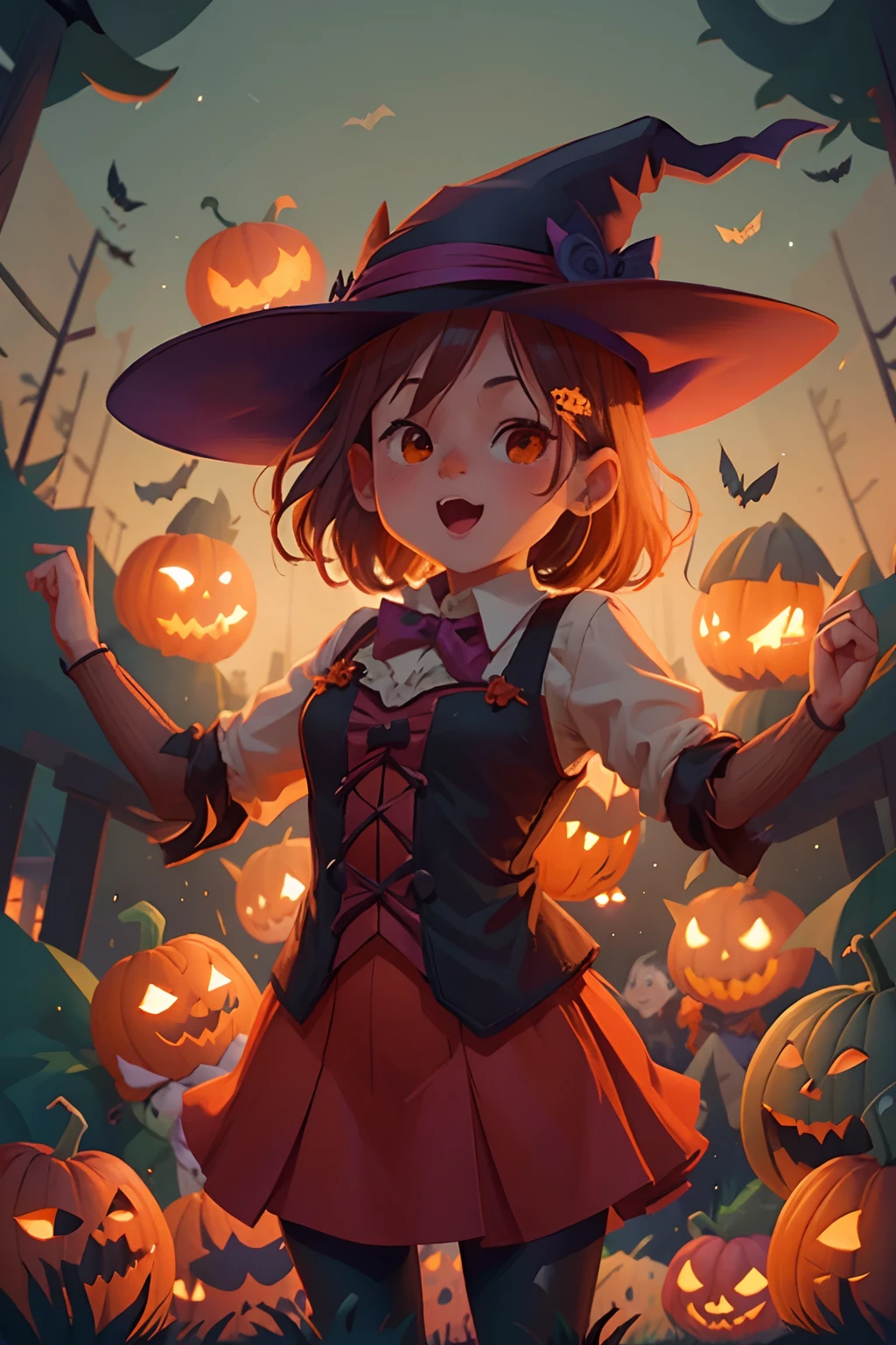 young cute witches and young cute wizards dance on halloween night. halloween pumpkins, lanterns, fireworks, bats, owls, medieval city.