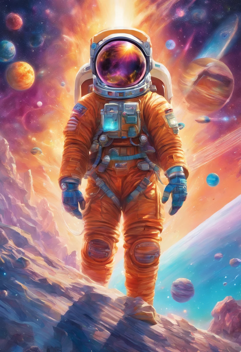 In this mesmerizing oil painting, we encounter a majestic deep space explorer. The main subject is a futuristic, humanoid figure adorned in a sleek, metallic spacesuit, with glowing visor and intricate circuitry visible on the helmet. The image is a meticulously detailed painting, capturing the explorer in the vast emptiness of outer space, surrounded by swirling nebulas and distant galaxies. The artist's deft brushstrokes bring the scene to life, vividly depicting the explorer's sense of awe and wonderment as they navigate the unknown. This high-quality image immerses the viewer in the grandeur of space exploration, evoking a sense of both mystery and excitement.
