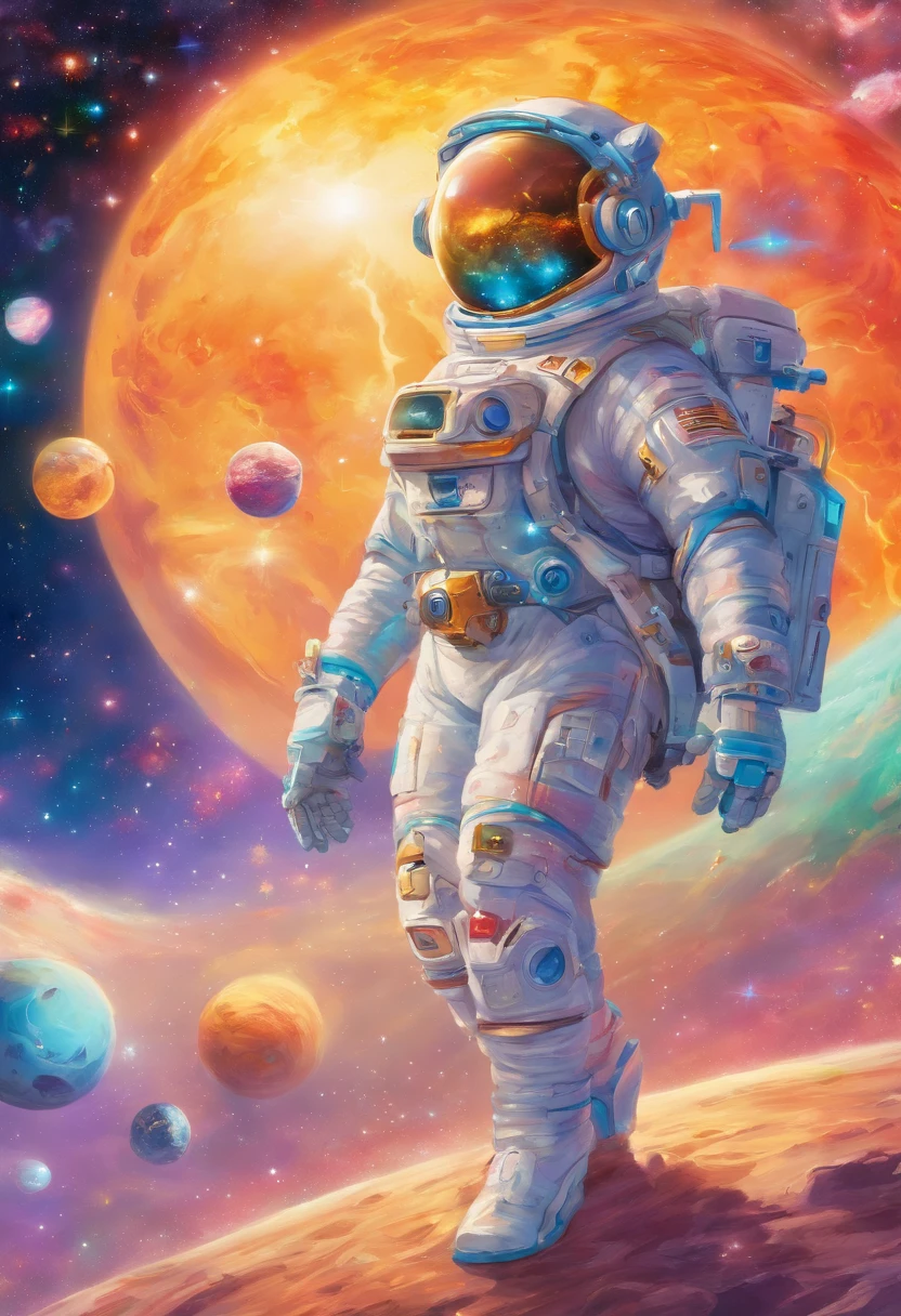 In this mesmerizing oil painting, we encounter a majestic deep space explorer. The main subject is a futuristic, humanoid figure adorned in a sleek, metallic spacesuit, with glowing visor and intricate circuitry visible on the helmet. The image is a meticulously detailed painting, capturing the explorer in the vast emptiness of outer space, surrounded by swirling nebulas and distant galaxies. The artist's deft brushstrokes bring the scene to life, vividly depicting the explorer's sense of awe and wonderment as they navigate the unknown. This high-quality image immerses the viewer in the grandeur of space exploration, evoking a sense of both mystery and excitement.