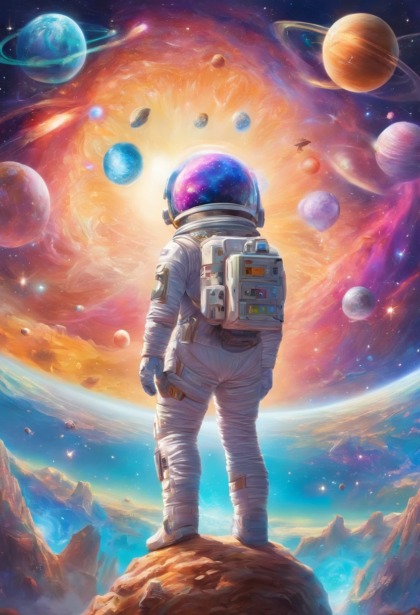 In this mesmerizing oil painting, we encounter a majestic deep space explorer. The main subject is a futuristic, humanoid figure adorned in a sleek, metallic spacesuit, with glowing visor and intricate circuitry visible on the helmet. The image is a meticulously detailed painting, capturing the explorer in the vast emptiness of outer space, surrounded by swirling nebulas and distant galaxies. The artist's deft brushstrokes bring the scene to life, vividly depicting the explorer's sense of awe and wonderment as they navigate the unknown. This high-quality image immerses the viewer in the grandeur of space exploration, evoking a sense of both mystery and excitement.