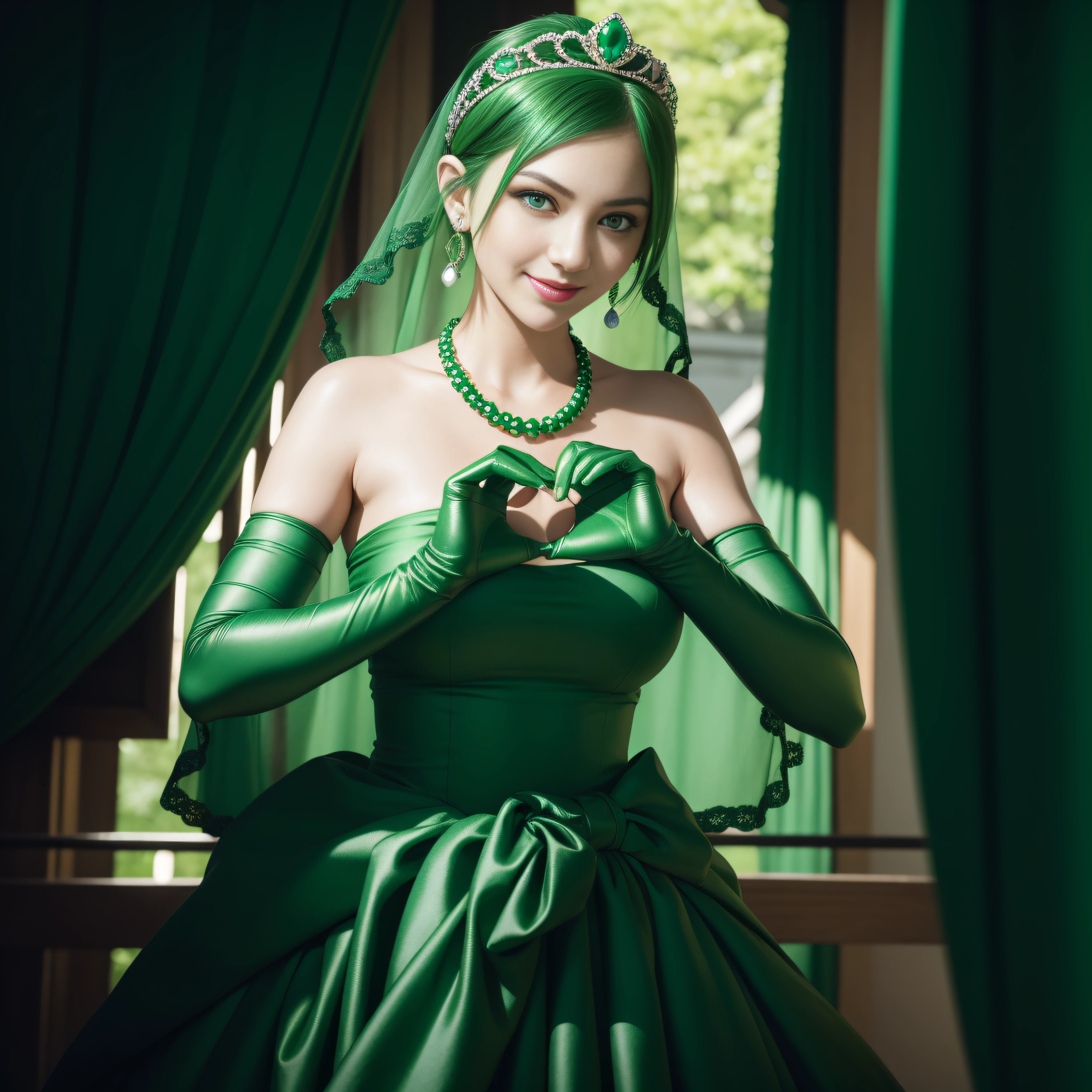 emerald tiara, Green Pearl Necklace, Boyish very short green hair, lipsticks, Japan woman smiling, very short short hair, big breasts beautiful, Green eyes, Long green gloves made of satin material, Green eyes, Emerald Earrings, green vale, Heart with both hands