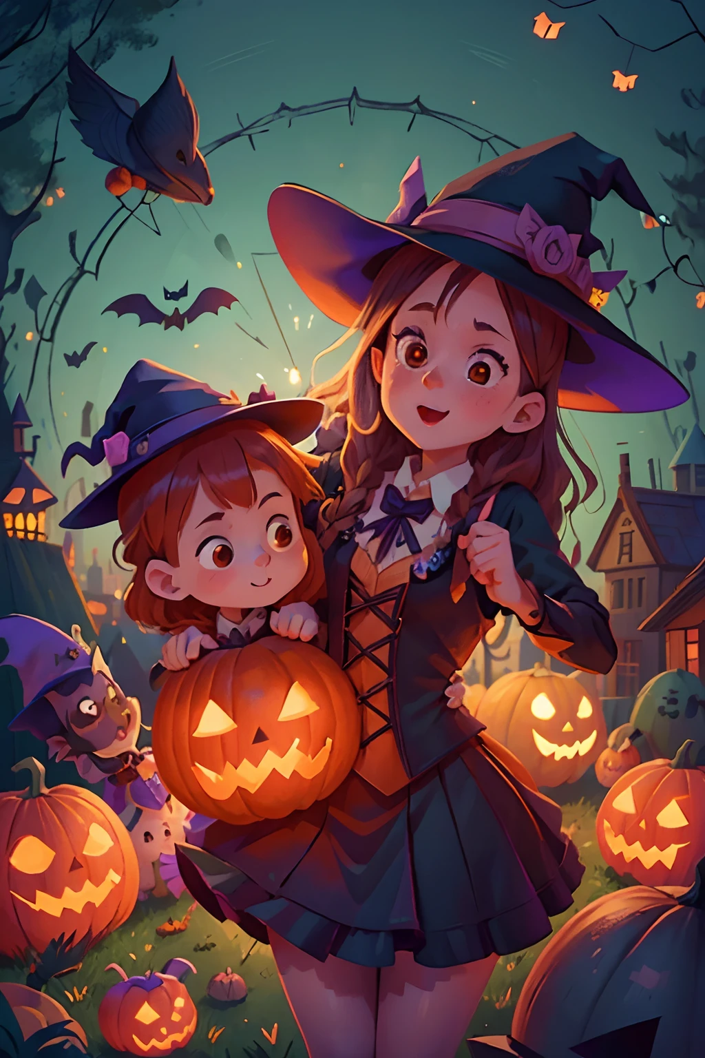 young cute witches and young cute wizards dance on halloween night. halloween pumpkins, lanterns, fireworks, bats, owls, medieval city.